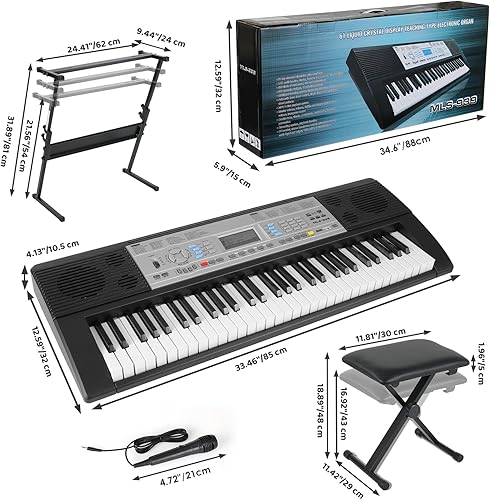 Miniatura 7 de LIFERUN Piano de teclado de 61 teclas, juego de teclado de piano digital con soporte, taburete, micrófono, fuente de alimentación doble, altavoces