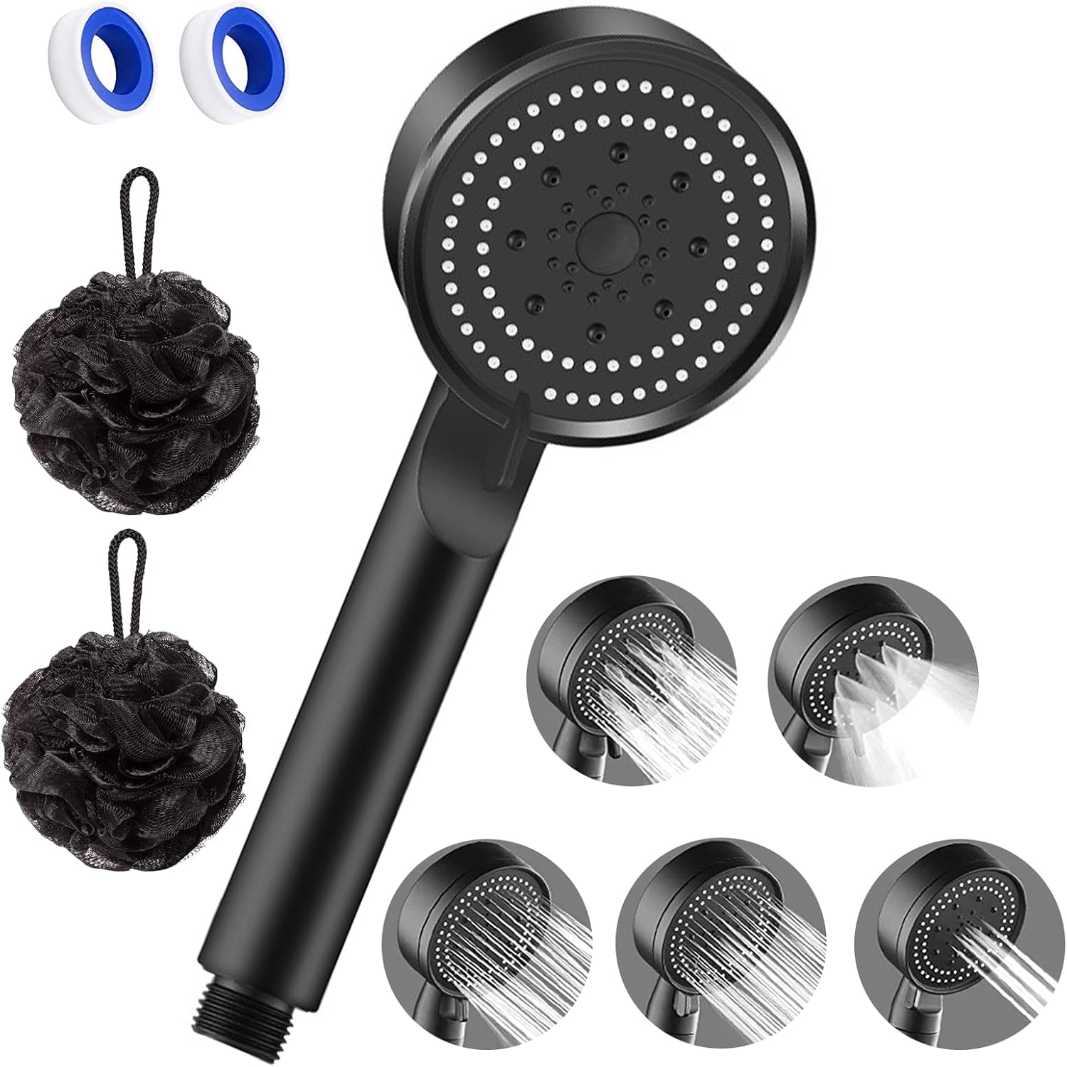 Besititli High Pressure Shower Head 5-Spray Setting Handheld Showerhead with Bath Loofah, Luxury Rain Shower Design - Tool-Free 1-Min Installation - Handheld Only, No Bracket or Hose-Matte Black