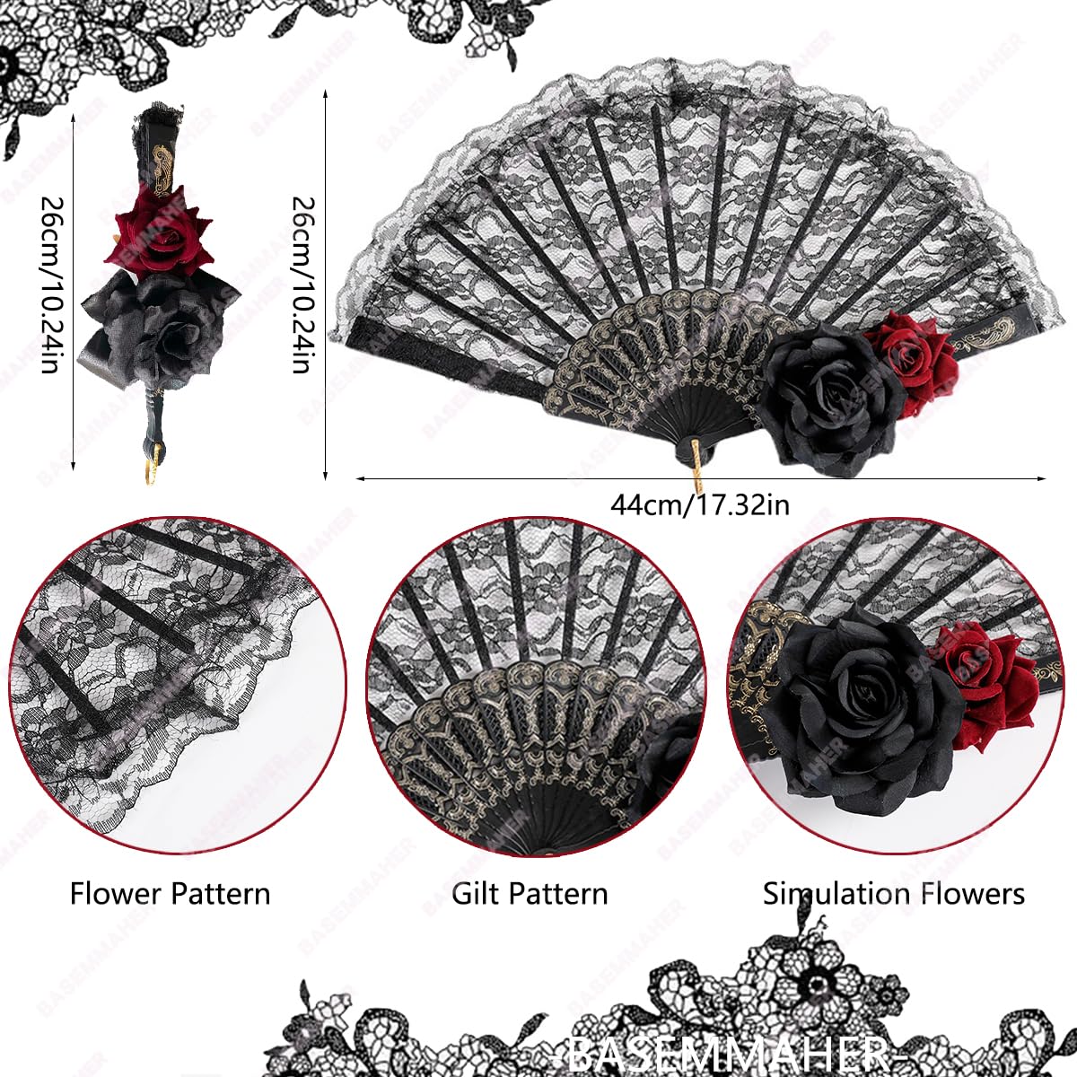 BASEMMAHER 2Pcs Halloween Black Hand Fan Lace Black Red Rose Handheld Vintage Gothic Flower Retro Spanish Large Folding Handheld Fan for Women Girls Cosplay Performance Costume Party Photo Props