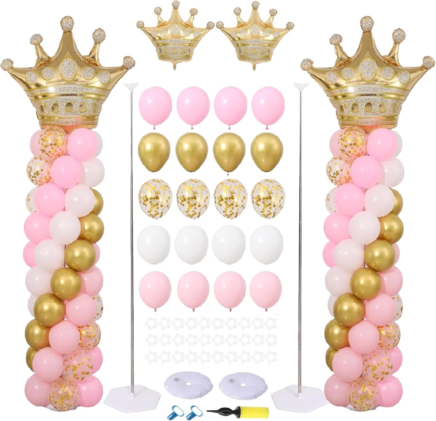 Princess Party Balloon Column Stand Kit 2 Sets,2 Crown Foil Balloons 140 Latex Balloons with Adjustable Stands for Baby Shower Birthday Party Supplies