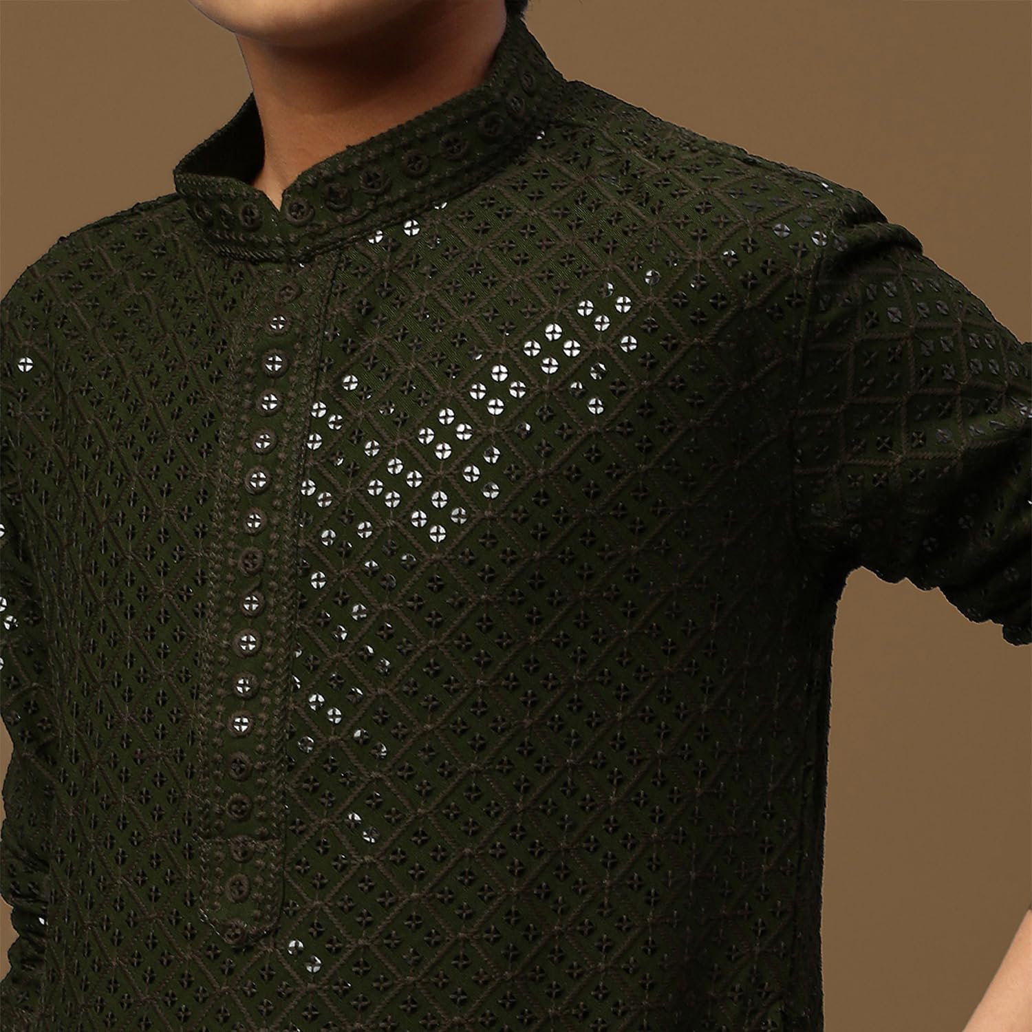 Sanwara Dapper & Dazzling Boys Solid Olive Green Chikankari with Sequins Cotton Trendy Kurta (6-7 Years) 3