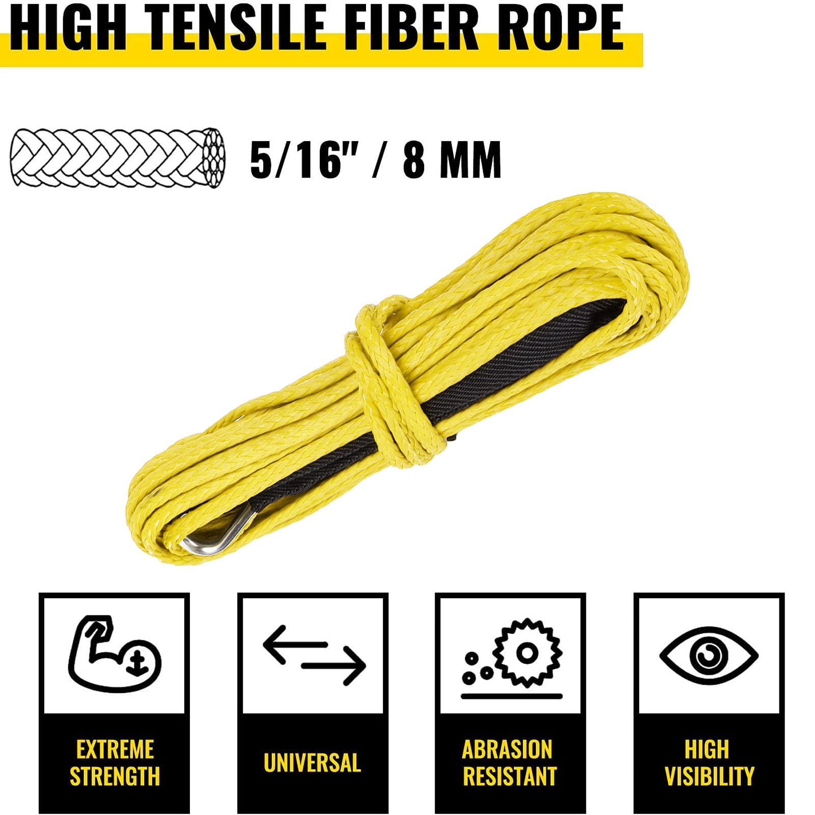 Wakects Corde de Treuil Synthétique en Nylon, 6 mm x 15 m, 7700 Lbs, pour Voitures, Tout-Terrain et Mini Camions, Jaune