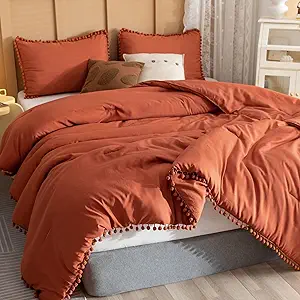 YIRDDEO King Size Comforter Set - King Size Comforter with Ball Pom Fringe, Soft King Bedding Set for All Seasons - 3 Pieces, 1 Comforter (104"x90"inches) & 2 Pillow Shams(20"x36"), Terracotta