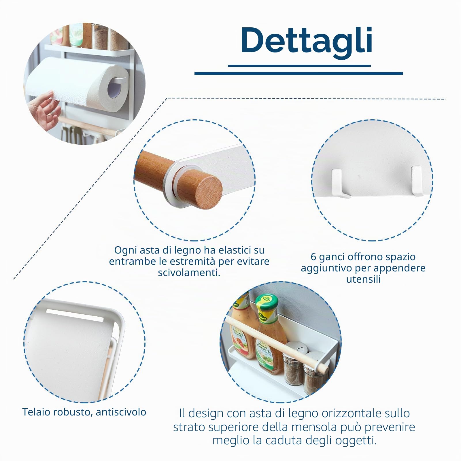 Mensola Magnetica Porta Spezie per Frigorifero – Organizer da Cucina a 3 Ripiani con 6 Ganci, Design in Legno – Scaffale per Spezie, Asciugamani, Barattoli e Carta da Cucina