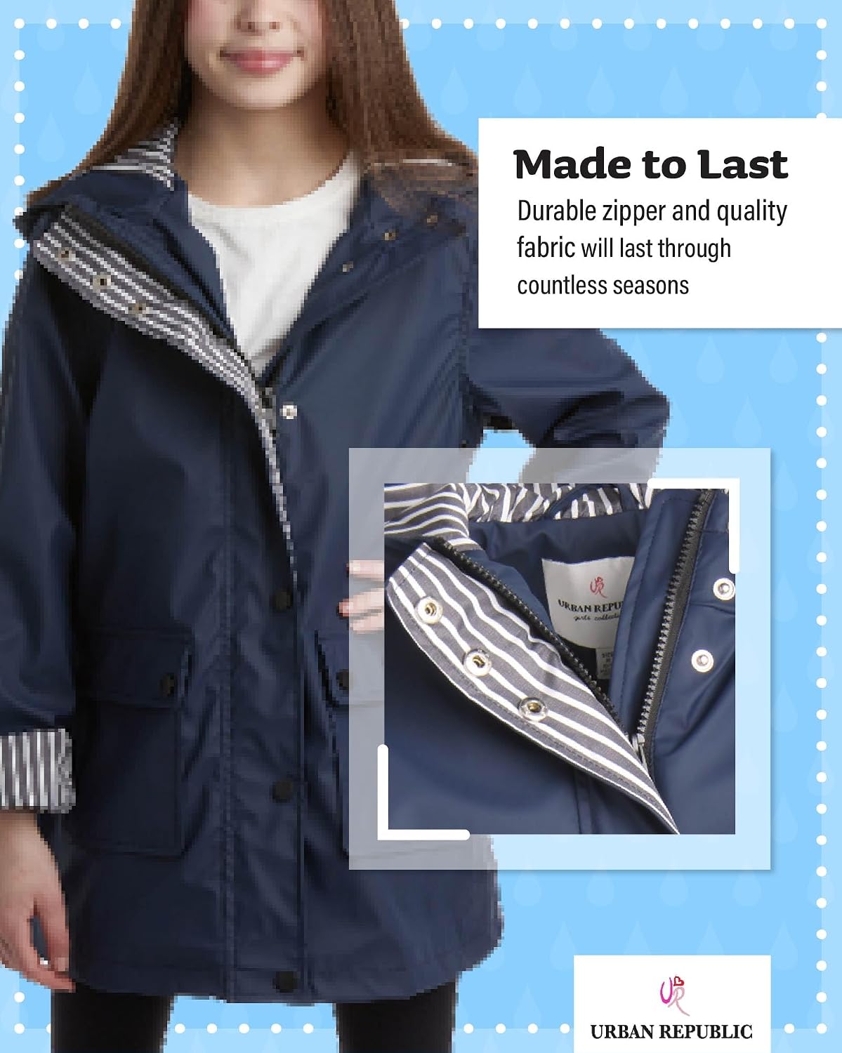 URBAN REPUBLIC Girls Rain Jacket - Wind & Water Resistant Slicker Shell Lightweight Rain Coats for Girls with Pockets