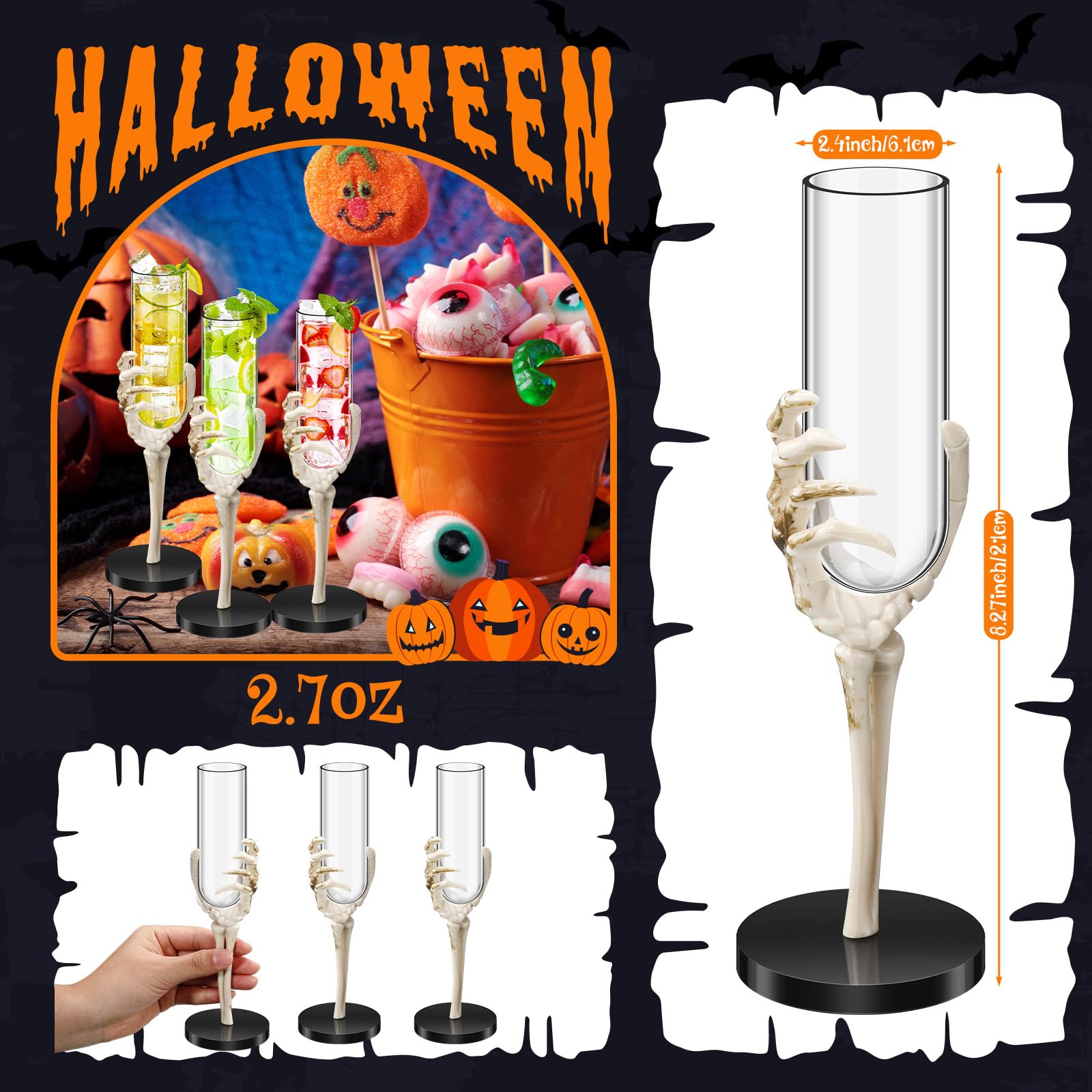 Yinkin 6-Pack Halloween Skeleton Hand Plastic Goblets – 8-10 Oz Spooky Champagne Flutes For Haunted House Party Decor