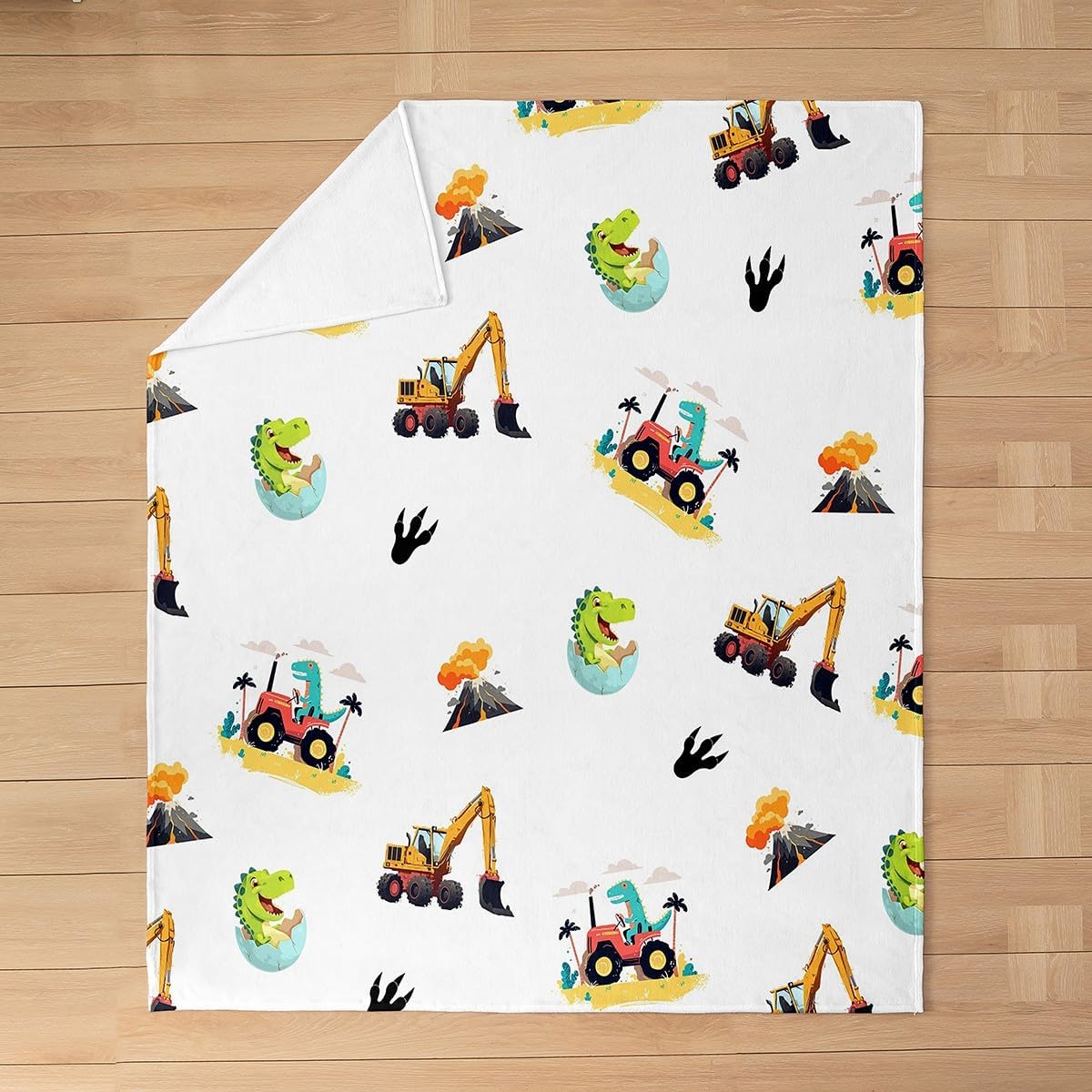 Dinosaur Truck Flannel Blanket Queen 90"x90" Warm Lightweight,Construction Excavator Cartoon Dino Egg Flannel Sherpa Blanket,Kids Boys Dino Volcano Pattern Breathable Flannel Plush Blanket