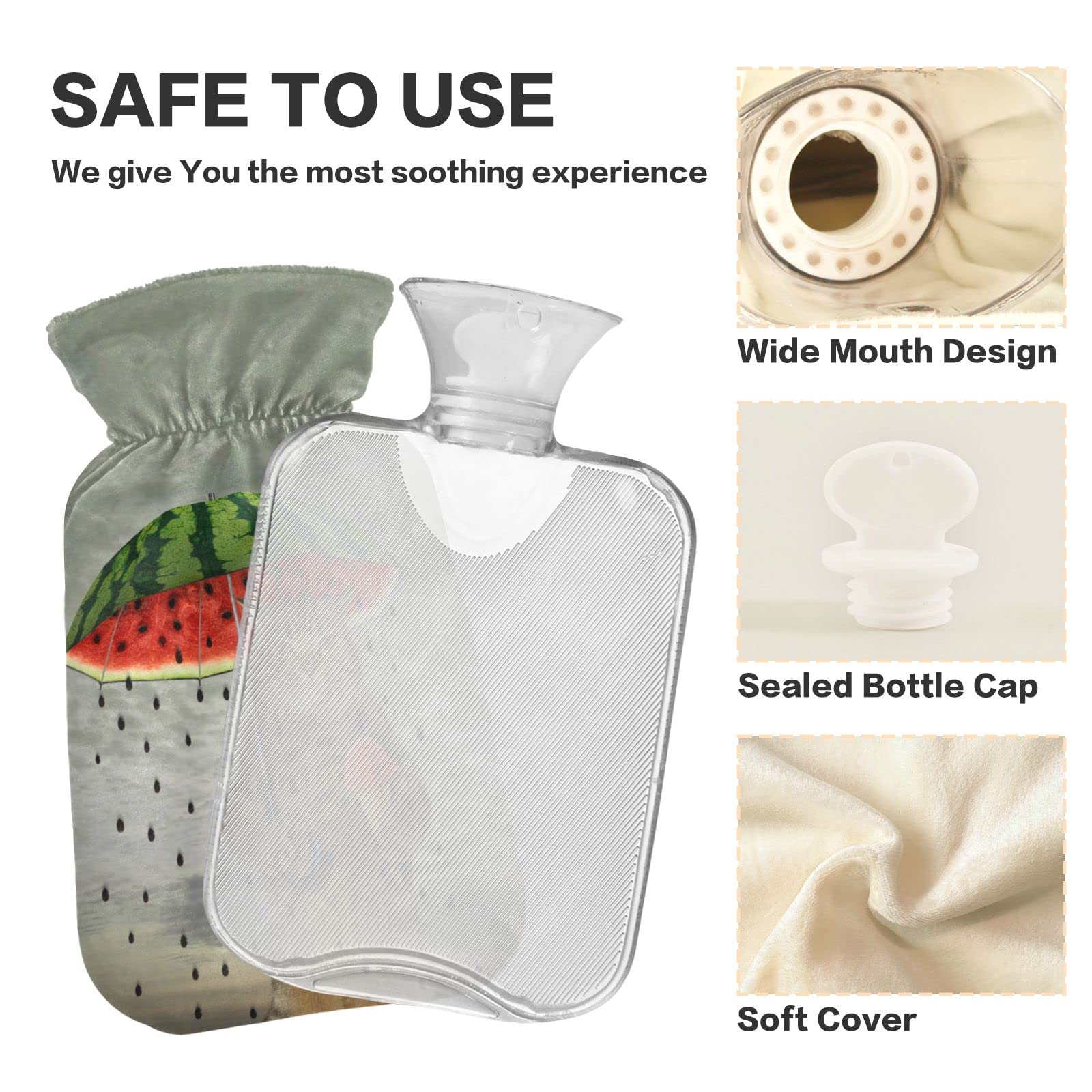 Naanle Hot Water Bottle with Cover Watermelon Funny Cat Transparent Warm Water Bottle Hot Water Bag for Bed Hand Feet Warmer Pain Relief Hot and Cold Therapy Capacity 1L