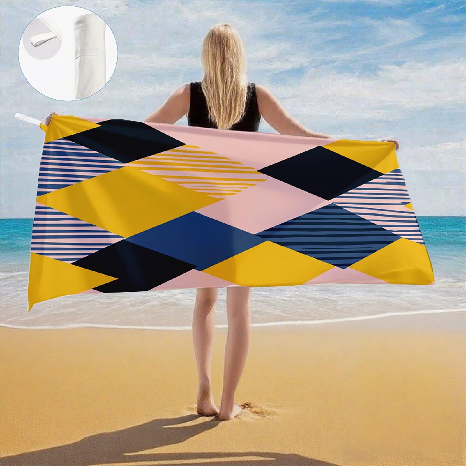 Serviette de Plage Microfibre Serviette Plage 100x220 2 Pack Séchage Rapide, Anti-Sable, Absorbante Fonction drap de plage xxl pour Bain, Sport, Voyages, Sauna, Piscine, Yoga, avec Sac Géométrie Q-780
