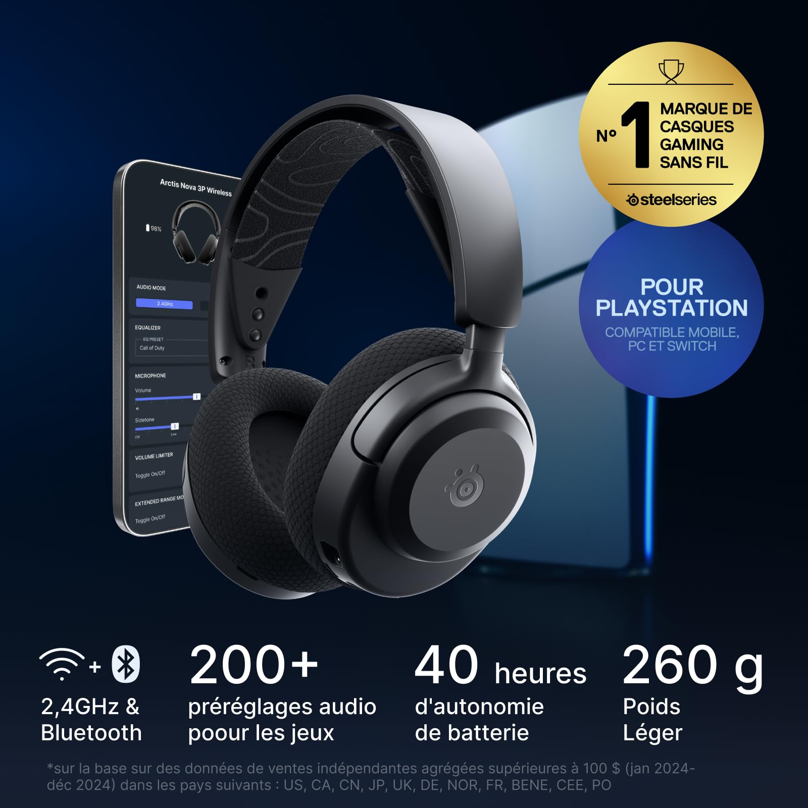 SteelSeries Casque Arctis Nova 3P Wireless - Appli Mobile Companion - Batterie 40h - Haut-parleurs magnétiques en néodyme - 2,4 GHz/Bluetooth - Micro détachable - PS5, PS4, PC, Switch, Mobile -Noir