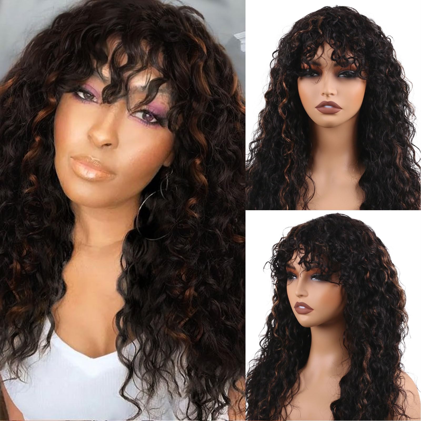 Human hair blenb black curly wavy wig with bang Amazon.com : Lativ Body Wave Wigs with Bangs Human Hair Wigs  main image 2