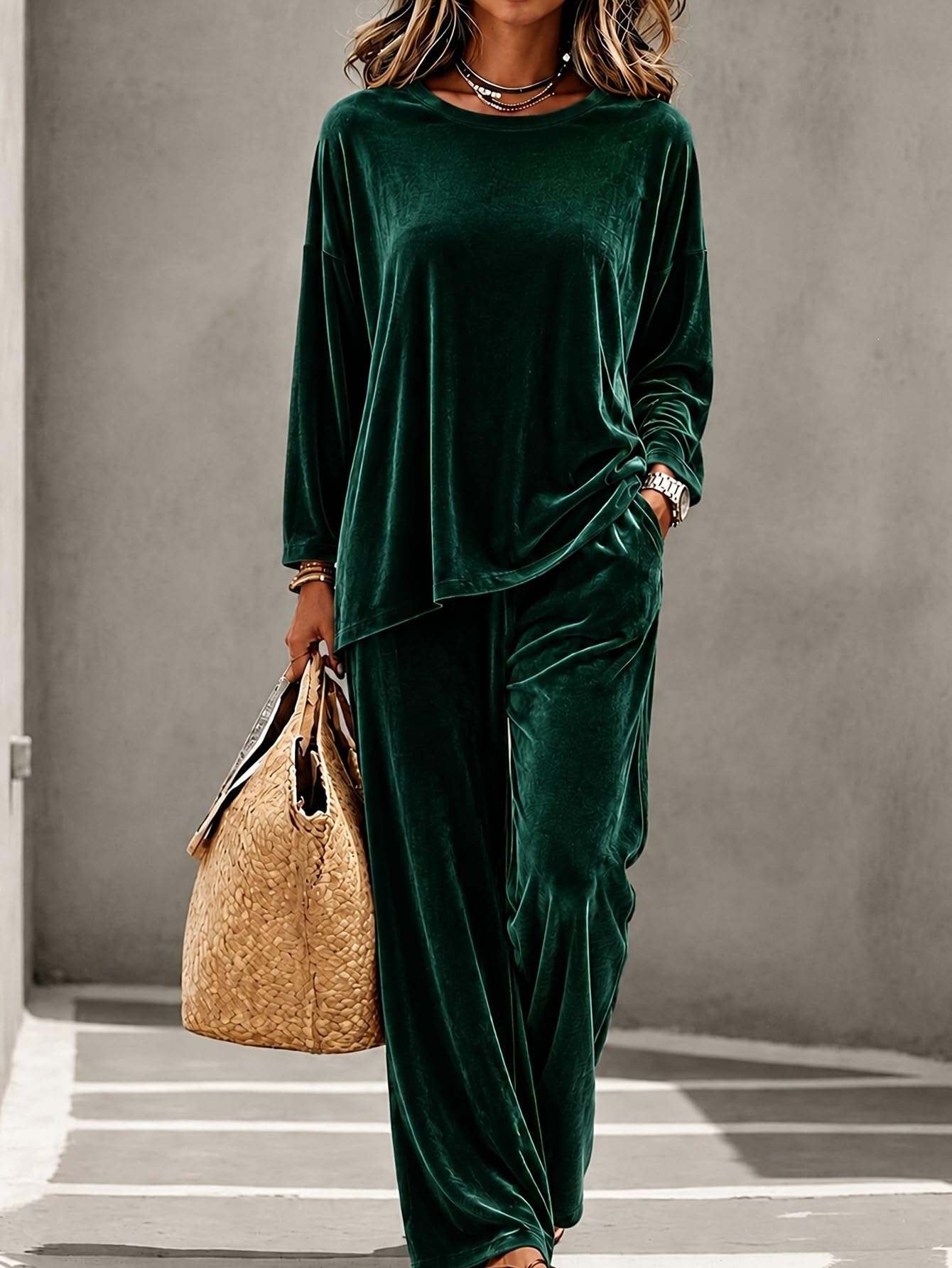 Completo da Donna In Velluto A Due Pezzi con Top A Girocollo A Maniche Lunghe E Orlo Asimmetrico, Vita Elasticizzata E Pantaloni A Gamba Larga, Ideale per Il Tempo Libero In Autunno E Inver