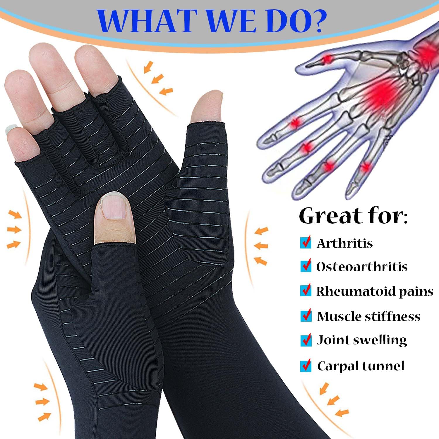 Big Mango Guantes largos de artritis para mujeres y hombres, guantes de compresión de cobre para dolor de manos, guantes de túnel carpiano sin dedos