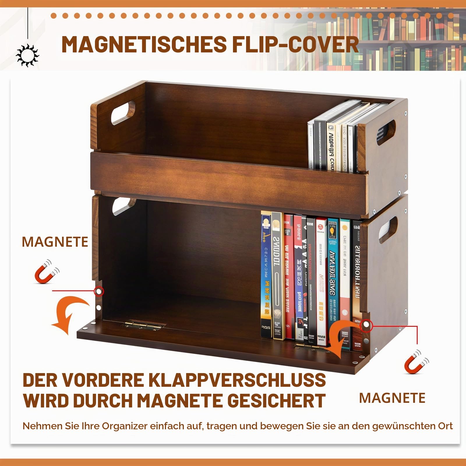 CroBlissful DVD- und CD-Aufbewahrungsbox aus Holz, Kassettenständer mit Tragegriff, Organizer-Regal für Filmhüllen, jede kann bis zu 36 CDs und 26 DVDs aufbewahren (braun)