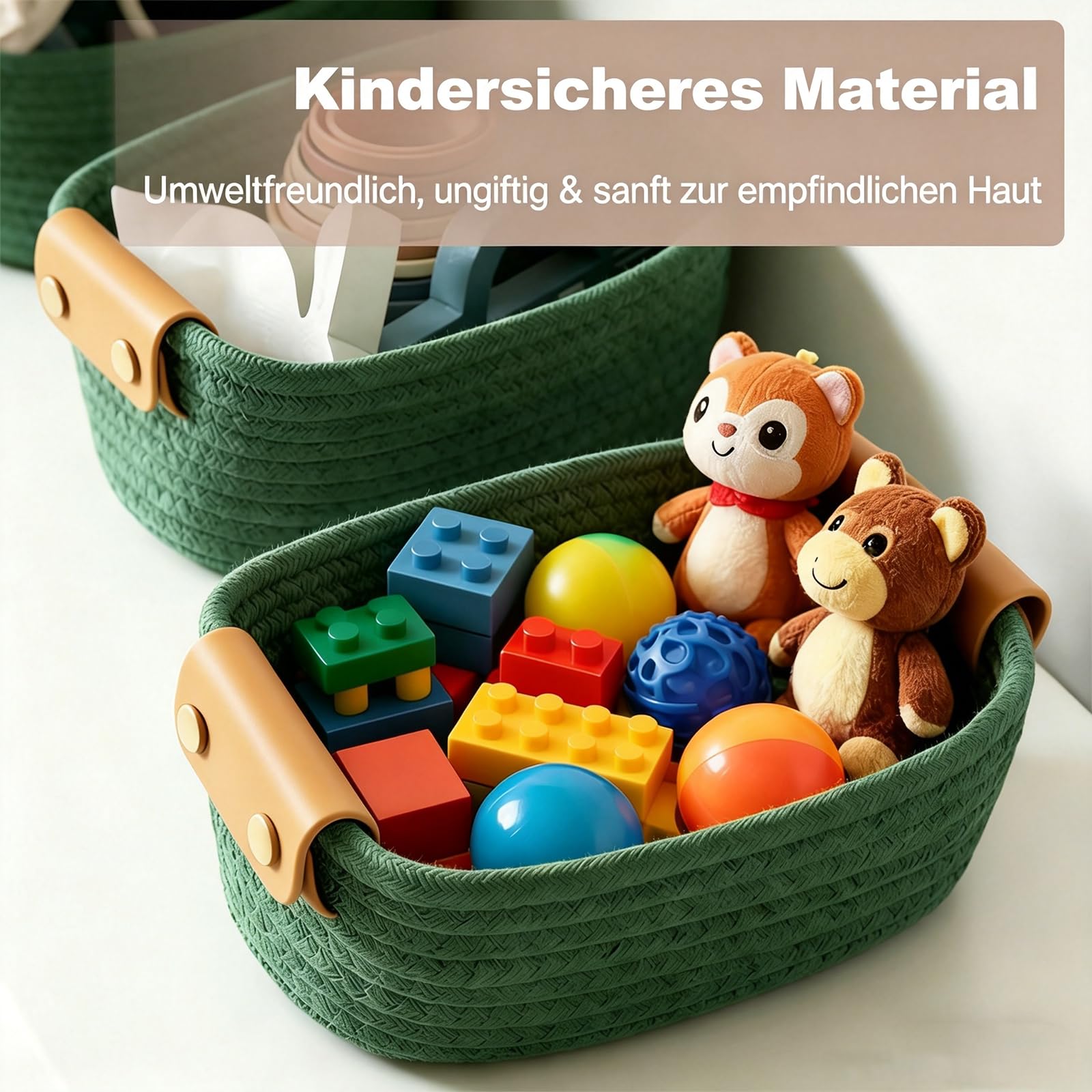 SVNR 5er-Set Aufbewahrungskörbe aus Geflecht, Verschachtelbare Aufbewahrungsboxen mit Lederoptik-Griffen, Organizer für Regal, Schrank, Badezimmer und Wohnzimmer, in Olivgrün.