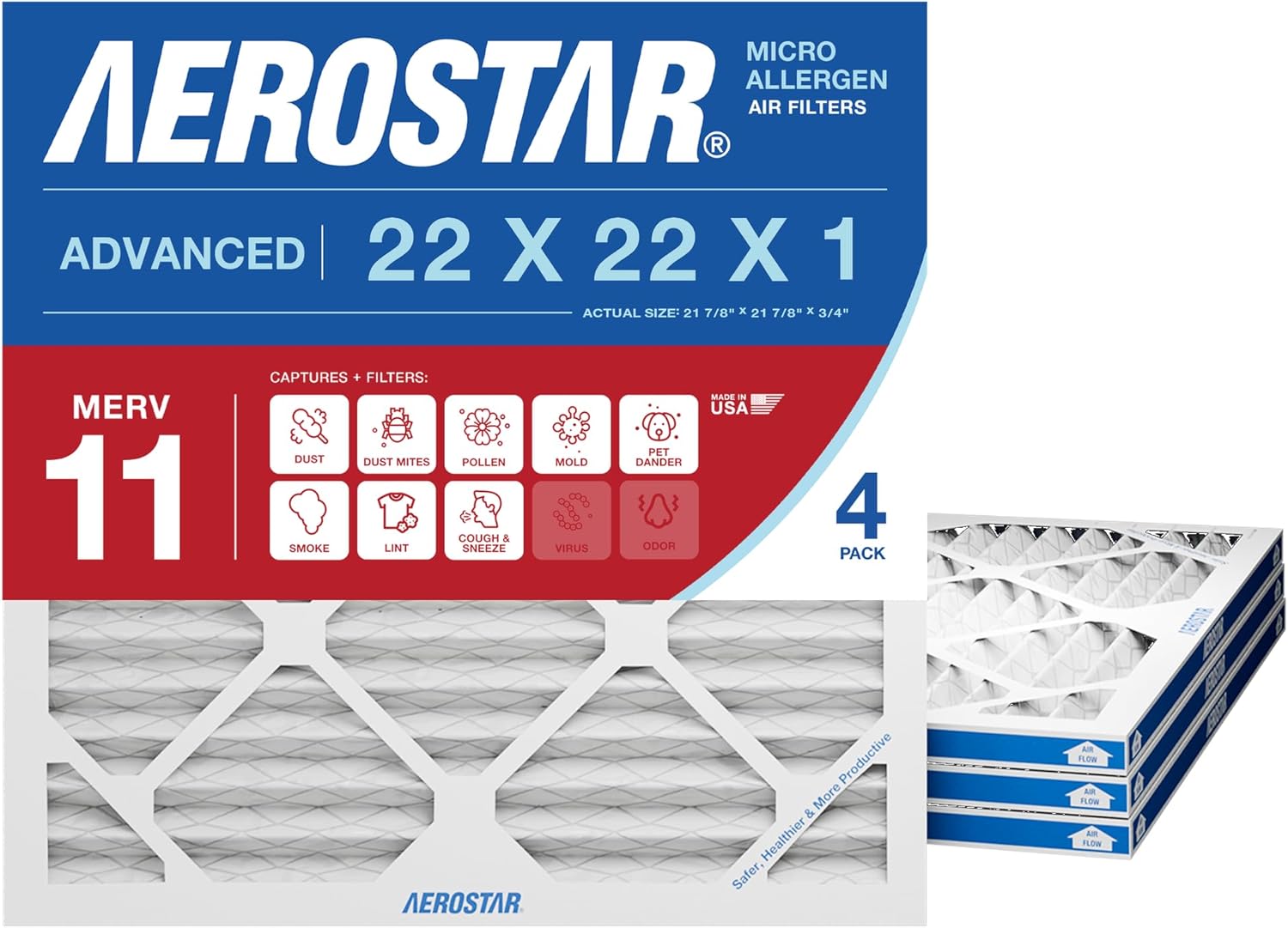 Aerostar 22x22x1 MERV 11 Pleated Air Filter, Allergy and Pet Dander Protection (4 Pack), Actual Size: 21.88x21.88x0.75