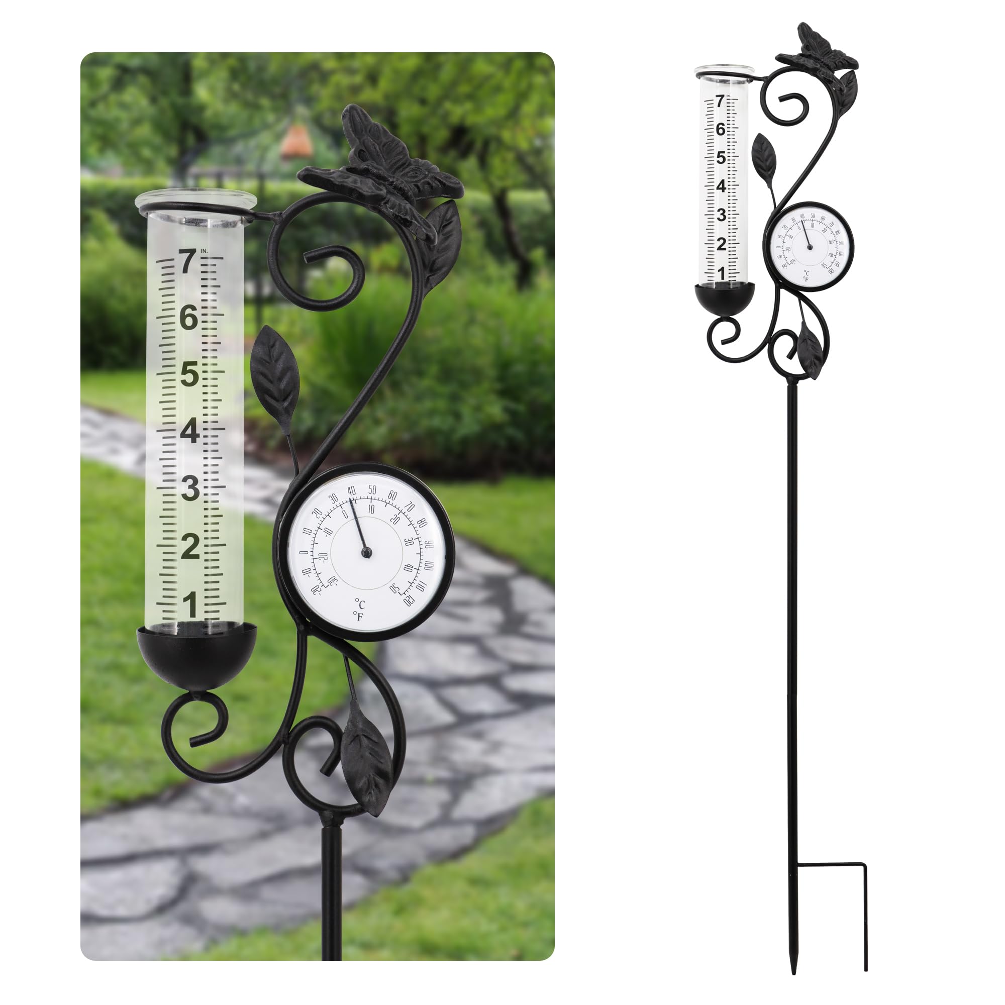 Pluviomètre papillon pour décoration de jardin, thermomètre de 81,3 cm, décoration de terrasse, 17,8 cm, tube de rechange en verre, température extérieure