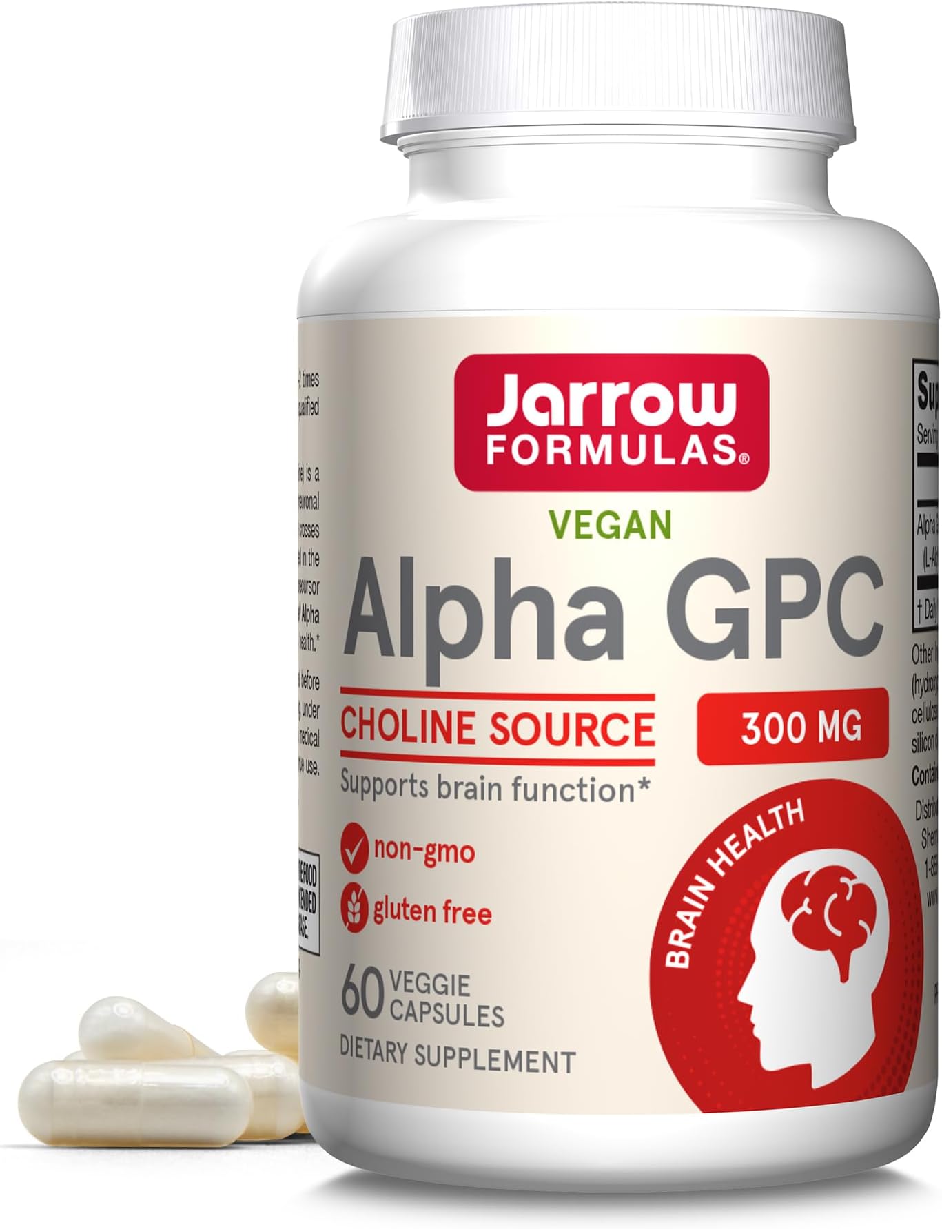 Jarrow Formulas® Alpha GPC, 300mg, Dietary Supplement, Brain Health Supplements for Adults, 60 Veggie Capsules, 30 Day Supply