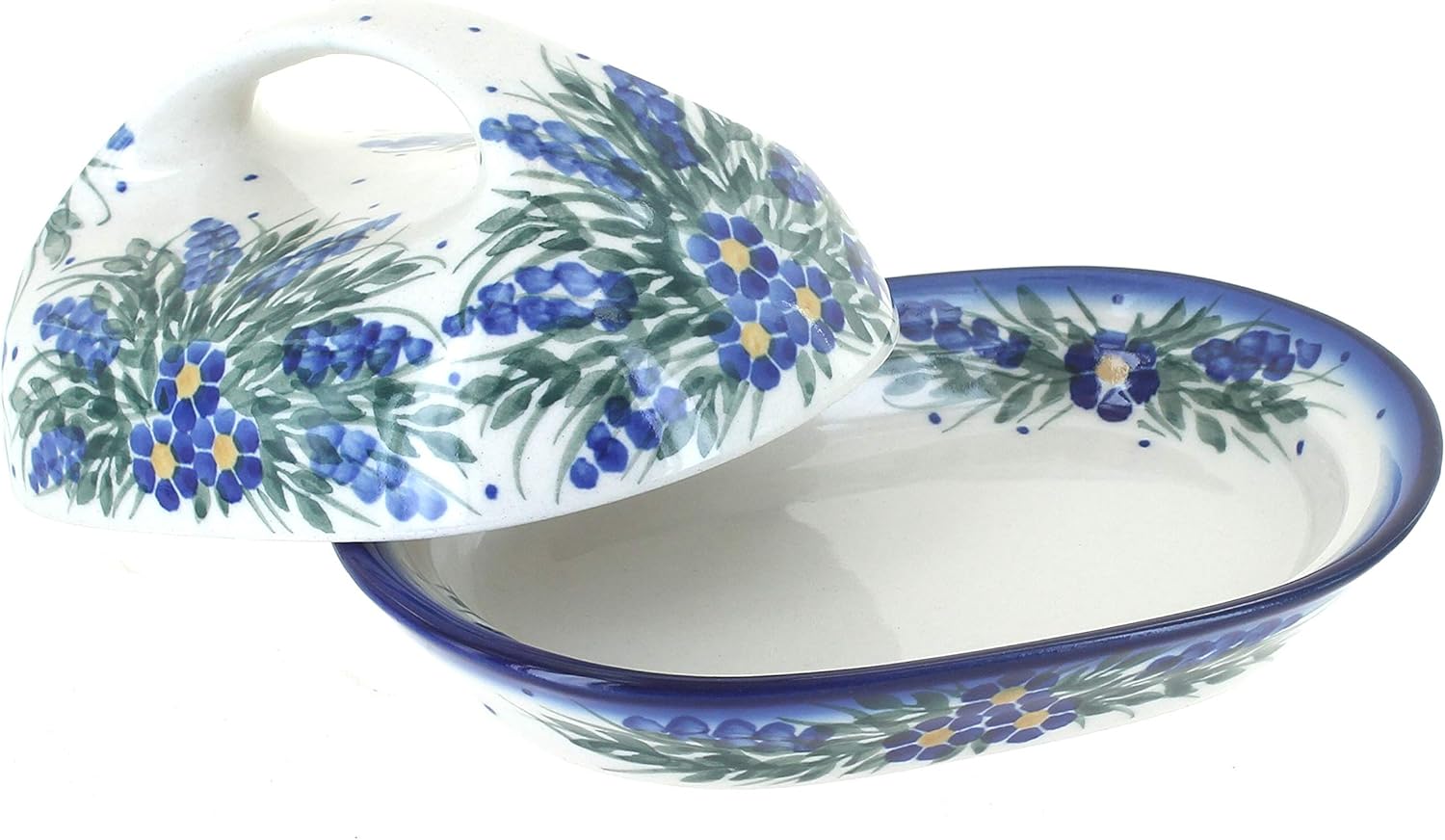 Blue Rose Polish Pottery - Blue Hyacinth Butter Dish - Fits 1 Stick - Butter Dish for Countertop Organization and Storage