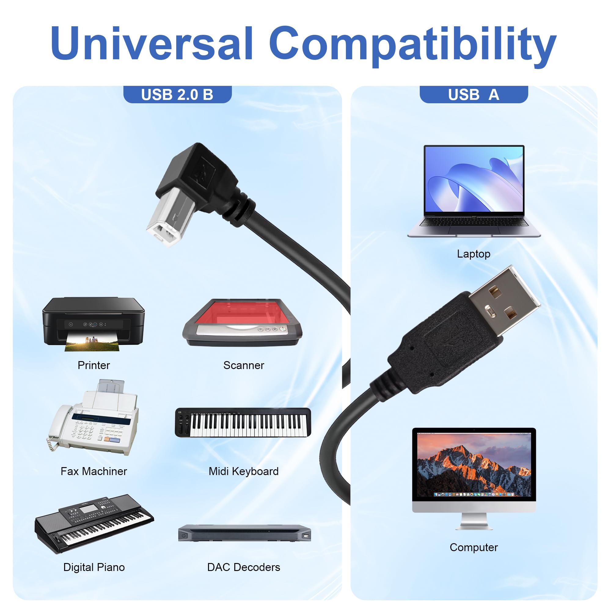 USB 2.0 Druckerkabel, 90 Grad rechtwinklig, A-Stecker auf B-Stecker, Hochgeschwindigkeitskabel, universelles Drucker-/Scannerkabel, kompatibel mit HP, Canon, Dell, Epson, Lexmark
