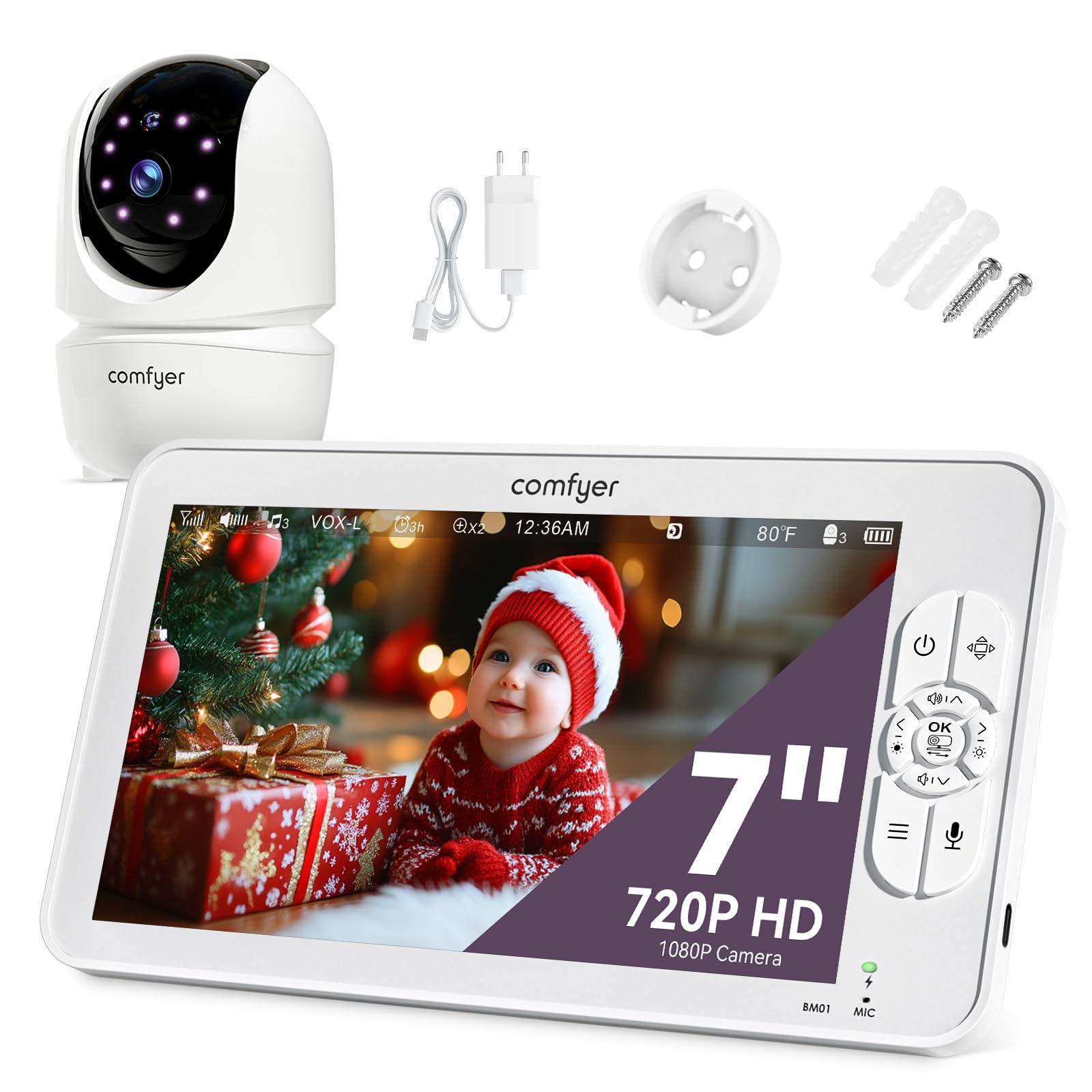 Comfyer Babyphone mit 1080P Kamera 7" 720P HD-Video Babyphone Baby Monitor mit Kamera ohne WLAN, 6000 mAh Akku, IR-Nachtsicht Weitwinkelobjektiv 2-Wege-Audio Vox-Modus 300M Reichweite