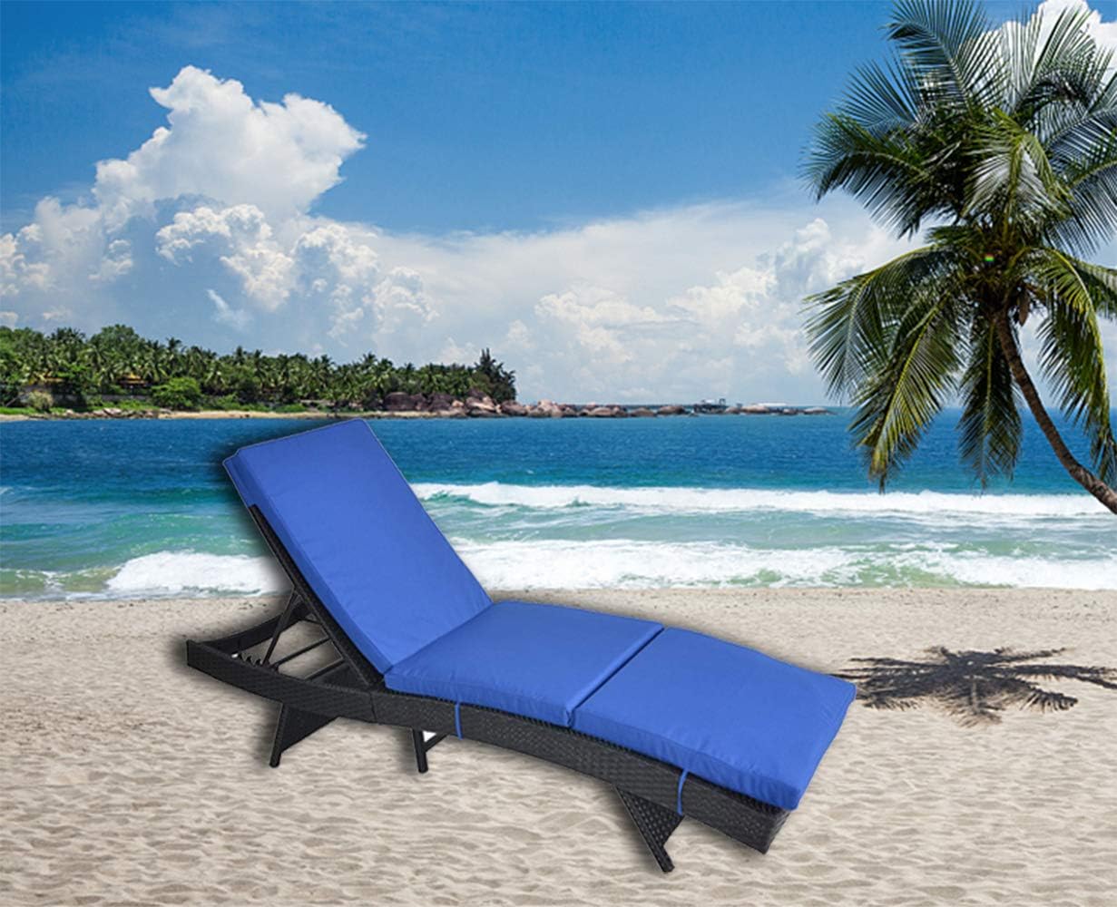 Patio Garden Chaise Lounge Black Rattan Wicker Adjustable Backrest Cushioned Pool Chaise Lounge Chair(Royal Blue Cushion)
