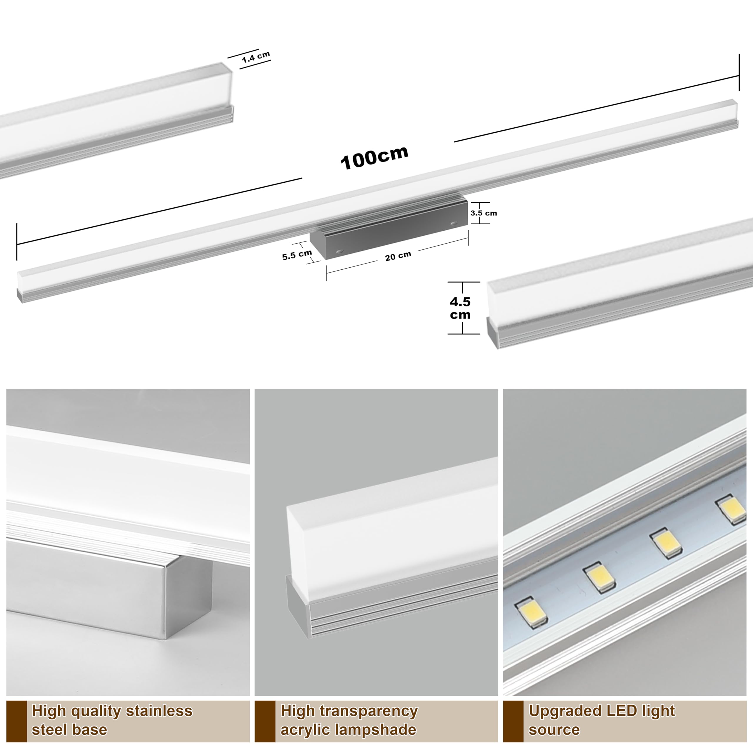 Led Aplique Espejo Baño, 100CM Luz Espejo Baño IP44 Blanco Frio 6000K Pared Luz, 20W Lampara Apliques de Para de Impermeable Plata