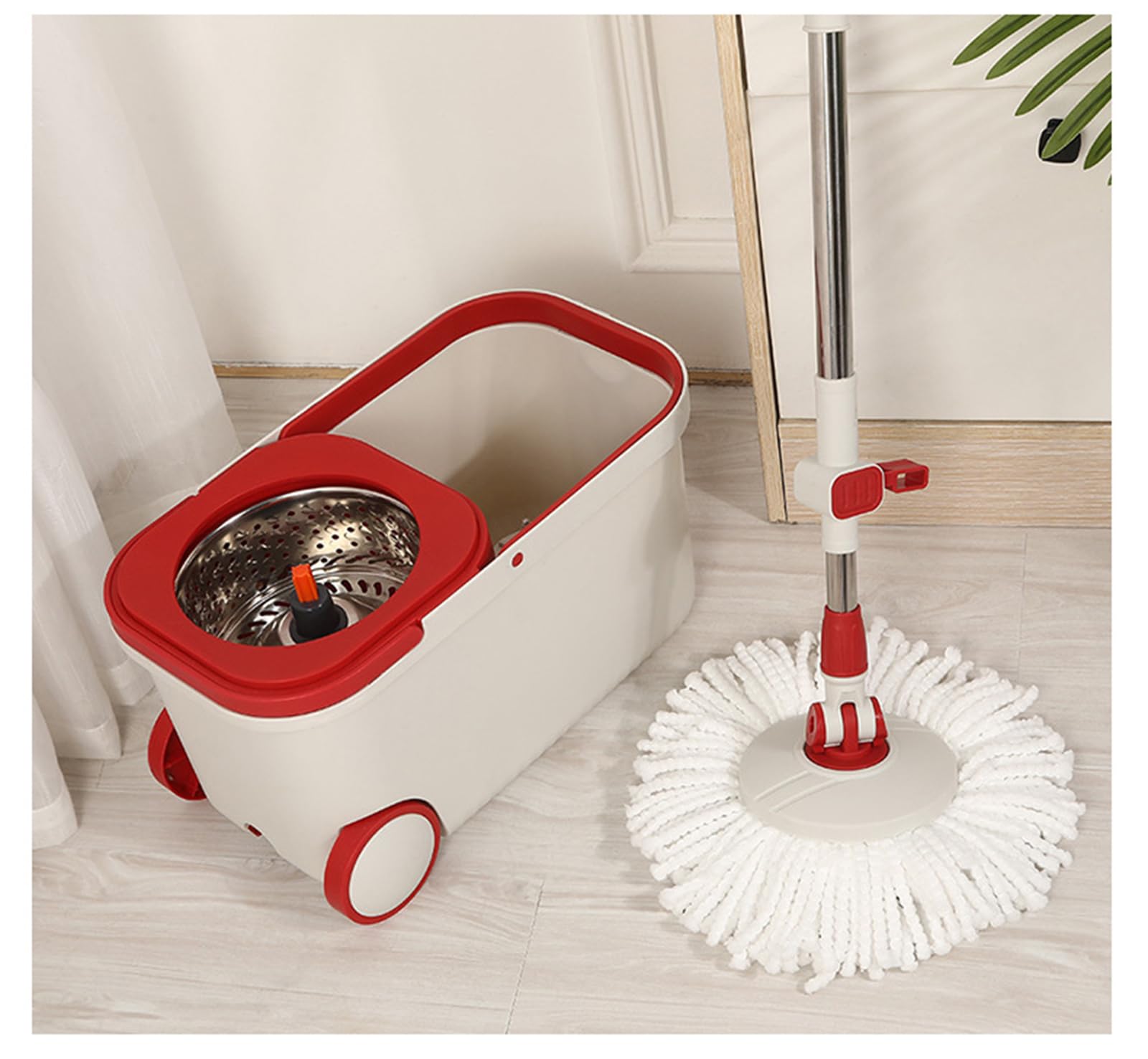 Juego de fregona giratoria y cubo de acero inoxidable de doble accionamiento, kit de limpieza de suelo manos libres con paño de trapeador de varilla de tracción, resistente al óxido, sistema de