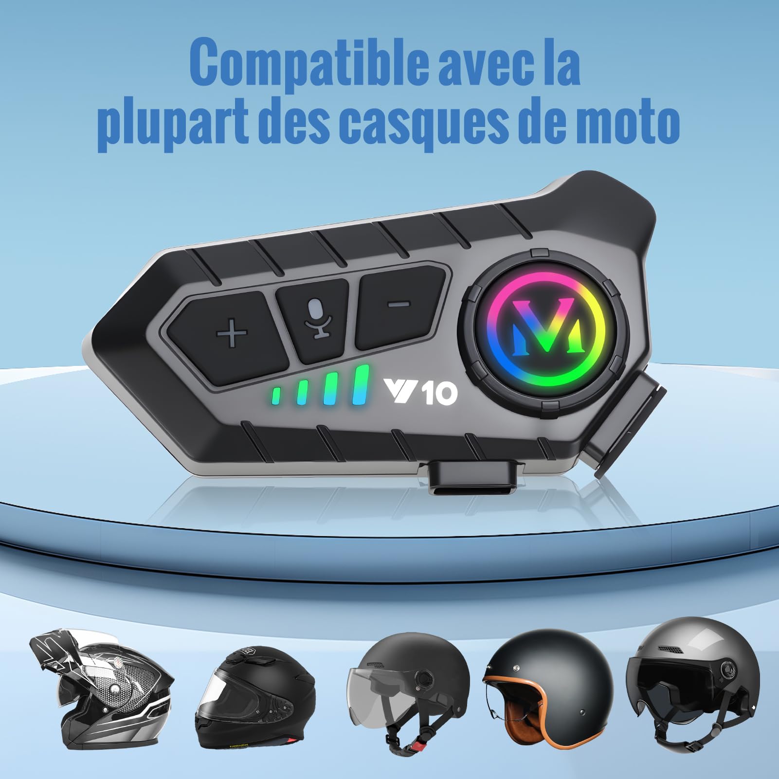 5.3 Écouteurs Casque Intercom de Moto, Kit Bluetooth Main Libre Moto sans Fil, Port Charge Type C, Réponse Automatique et Annulation Double Bruit