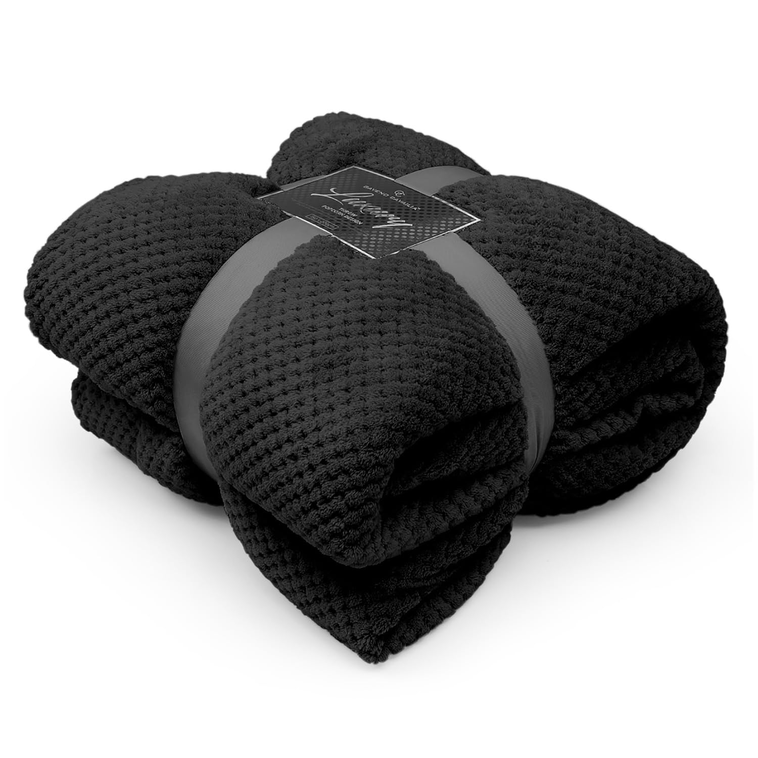 Gc Gaveno Cavailia Black Throws Waffle Throws For Sofas, Lightweight Soft Sherpa Fleece Blanket For Bed Settee, Thermal Warm & Cosy Double Bed Blanket Throw, 150X200 Cm Black