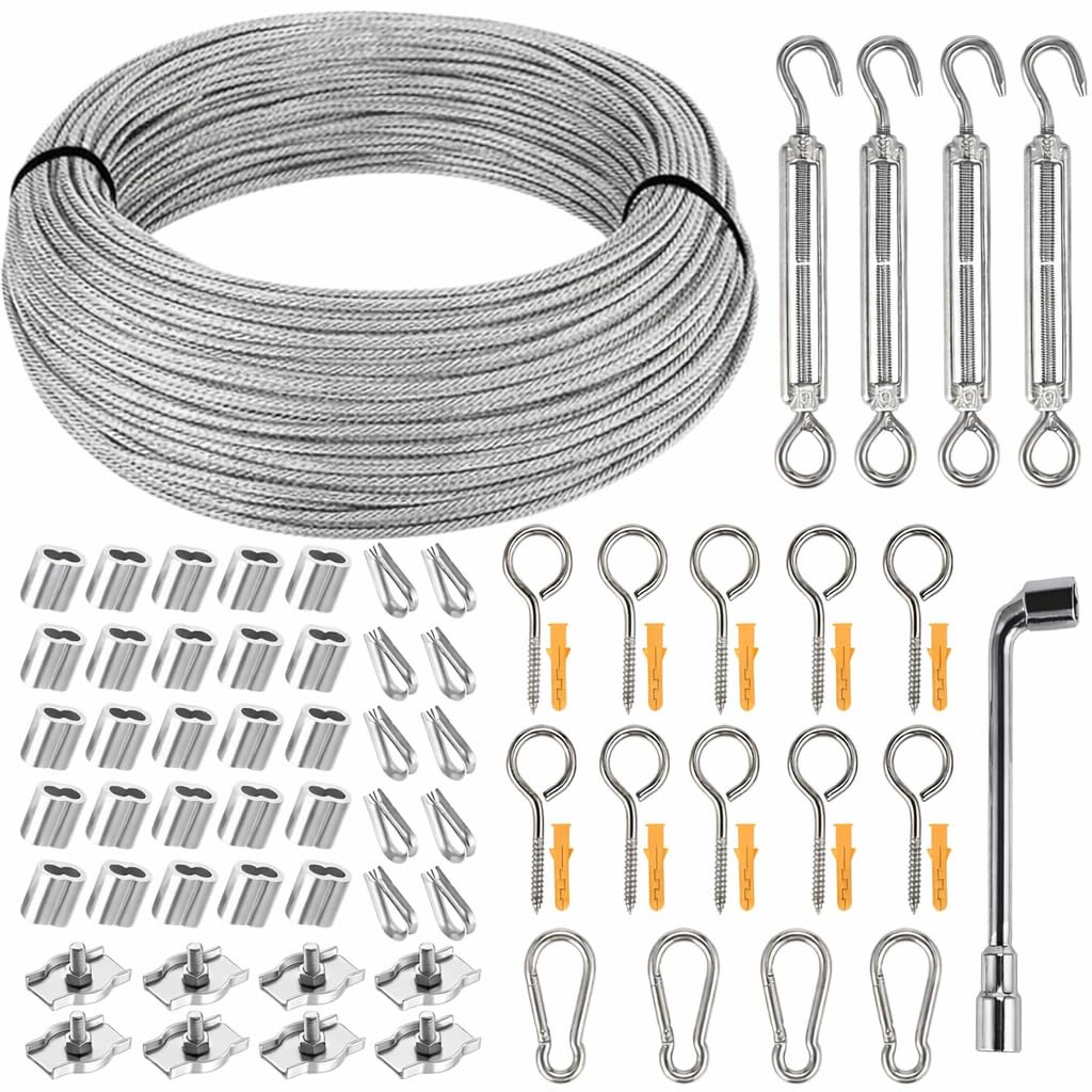 Cieex Kit Câble Acier 3mm 36m – Corde Acier Gainé PVC + Tendeurs – Fil de Fer pour Corde à Linge Extérieur, Fixation Voile d’Ombrage, Plantes Grimpantes, Clôture – Résiste à la Rouille