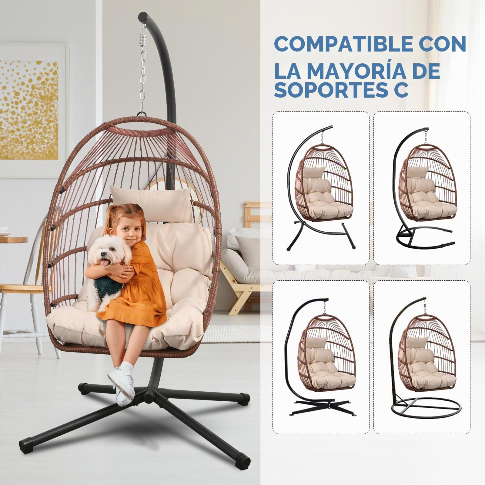 Goutime Silla Colgante de Huevo con cojín Resistente a los Rayos UV, Silla oscilante Plegable con Capacidad de 204KG para Interiores y Exteriores, jardín, Patio Trasero (Marrón Rojizo sin Soporte) | Silla oscilante plegable con forma de huevo, cojín inclu