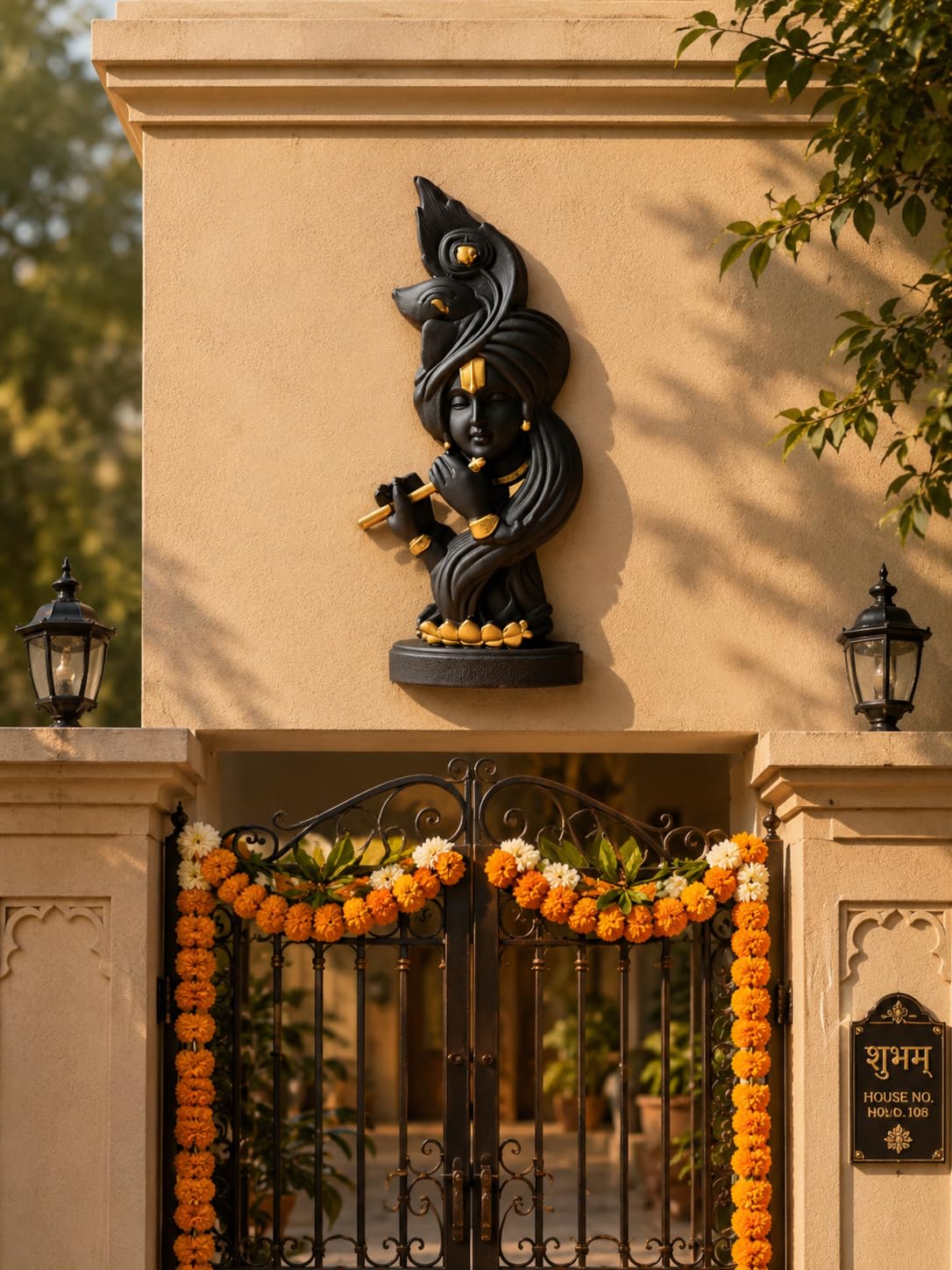 Lord Krishna Wall Sculpture, Black and Gold, Outdoor Gate Decor, Hindu Religious Art-image-33