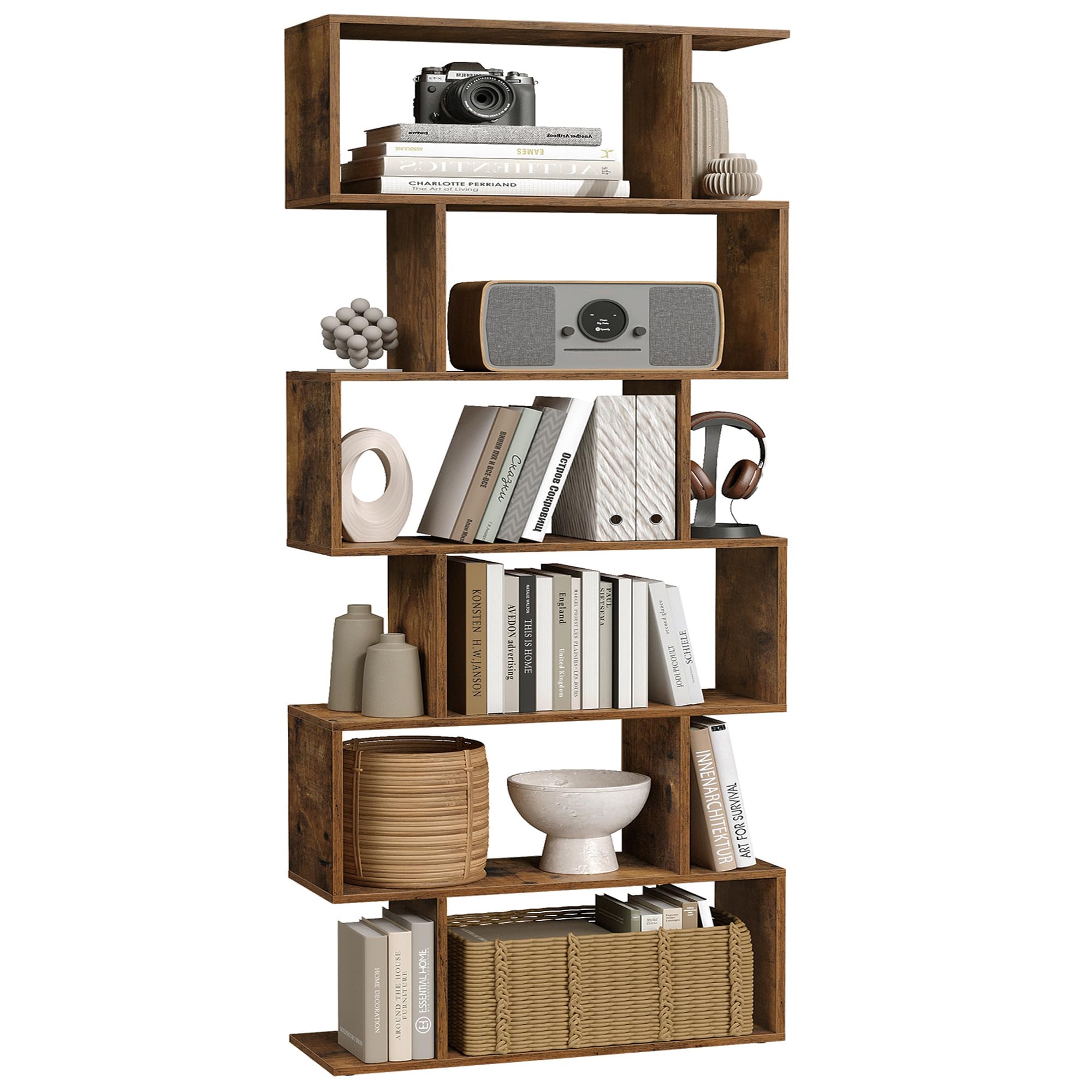 VASAGLE Bookshelf, 6-Tier Bookcase, 24 x 70 x 191.6 cm, Room Divider, Cube Display Shelf, Freestanding Shelf, Modern, for Living room, Bedroom, Office, Rustic Brown CUSTOS Collection LBC61BXV1