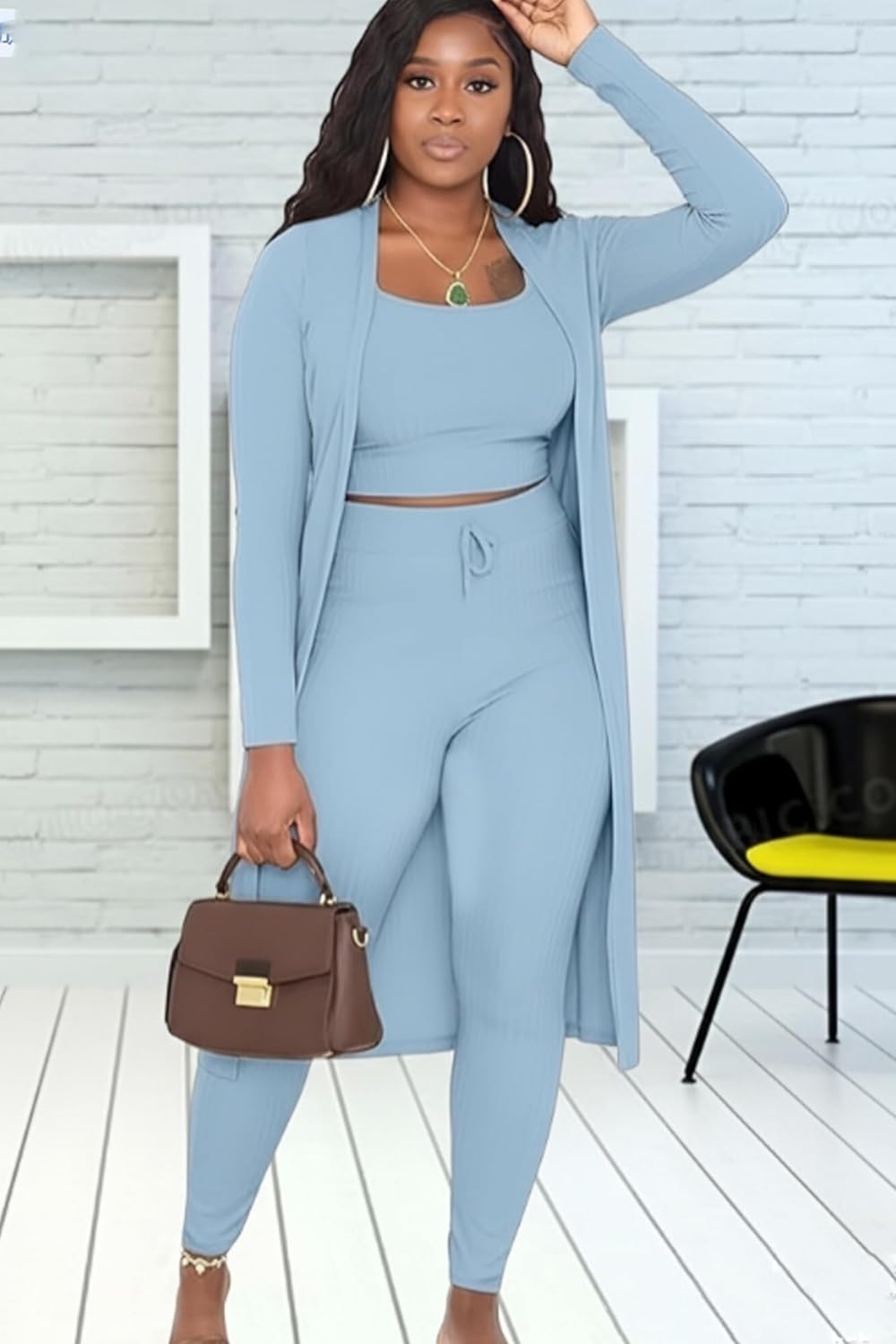 Womens 3 Piece Lounge Set Pajamas Set Long Cardigan Crop Tank Drawstring Pants Loungewear Outfits - Image 3