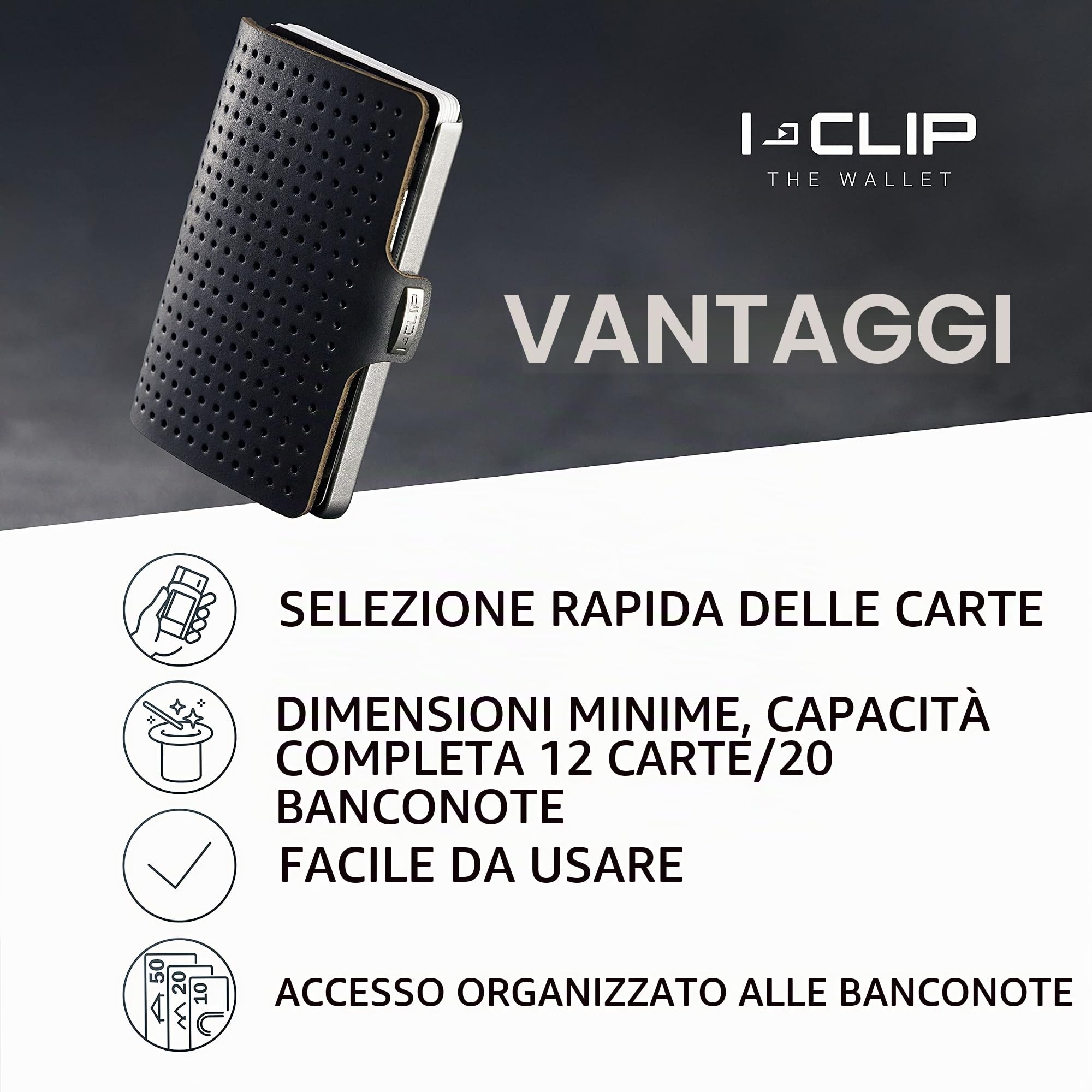 I-CLIP Original Portafoglio Uomo Slim Banconote, Mini Wallet fino a 12 Carte, Ultraleggero con soli 22g, Pelle Goffrata Nero, Telaio Argento