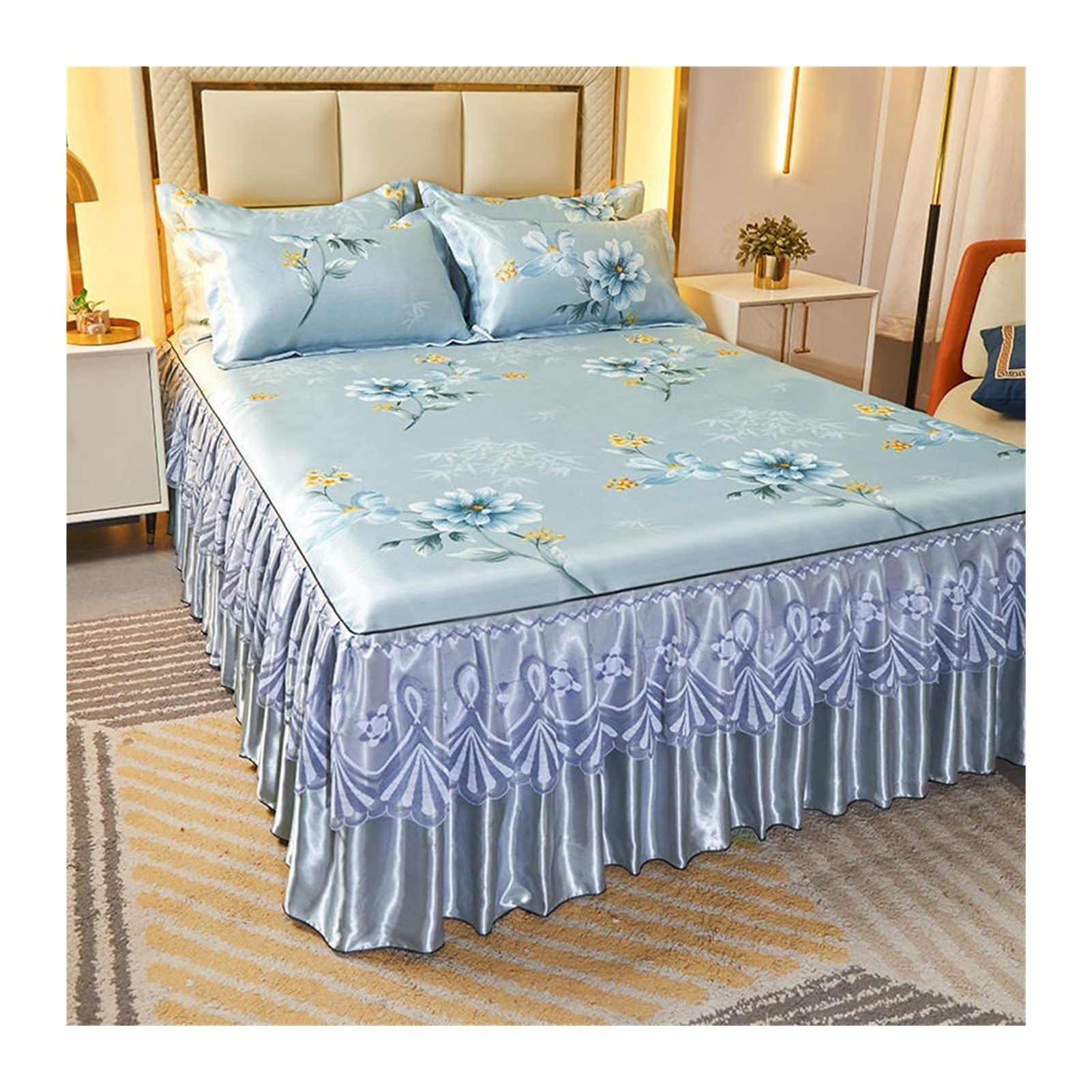 Sabanas Seda Juego de 3 uds de Falda de Cama de Seda Helada de Estilo Princesa, Funda de Almohada, Colcha de Encaje de tamaño Queen King, sábana Suave y Fresca(Tape-1,200x220cm 3pcs)