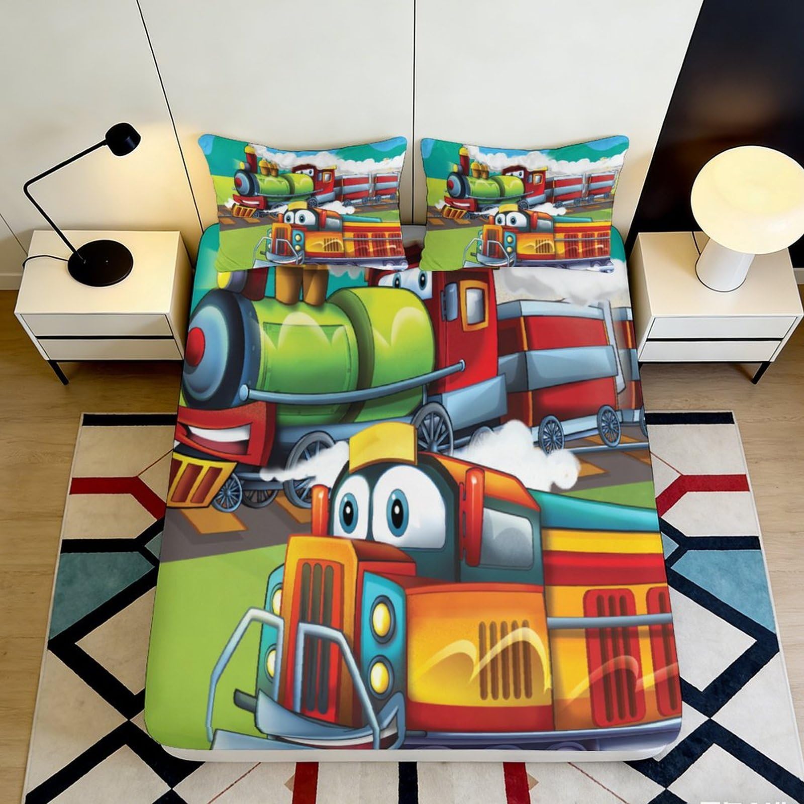3D Printed Cartoon Train Fitted Sheet Microfiber Bedroom Deep Pocket Non-Slip Train Mattress Fitted Cover Washable Mattress Protection for Adults Teens 90x200x25cm