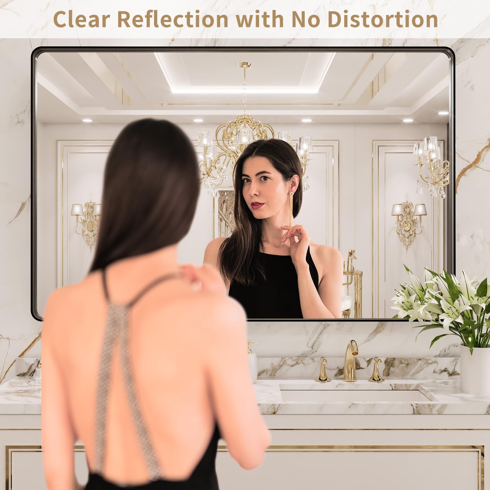 LOAAO 55X36 Inch Black Metal Framed Bathroom Mirror for Wall, Matte Black Bathroom Vanity Mirror Farmhouse, Large Rounded Rectangle Mirror, Anti-Rust, Tempered Glass, Hangs Horizontally or Vertically - 2