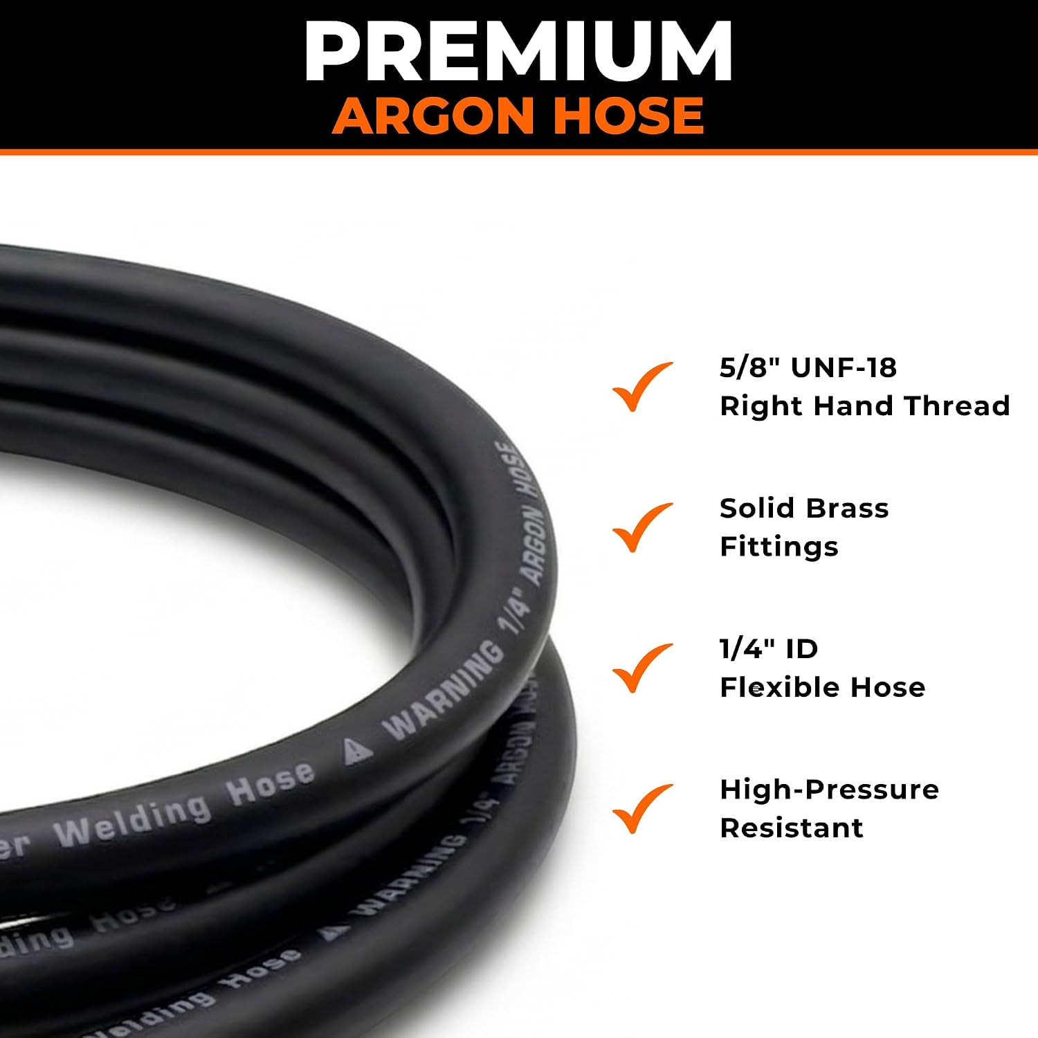 25 ft Argon Inert Gas Welding Hose – 5/8" UNF-18RH Fittings Both Ends – Flexible Rubber Flow Hose for Argon, CO2 and Helium MIG TIG Welding