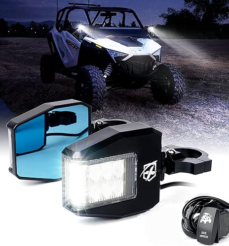 Xprite Espejos retrovisores laterales de UTV de aluminio que se ajustan a barras de jaula antivuelco de 1.6"-2", luz LED puntual azul con lente