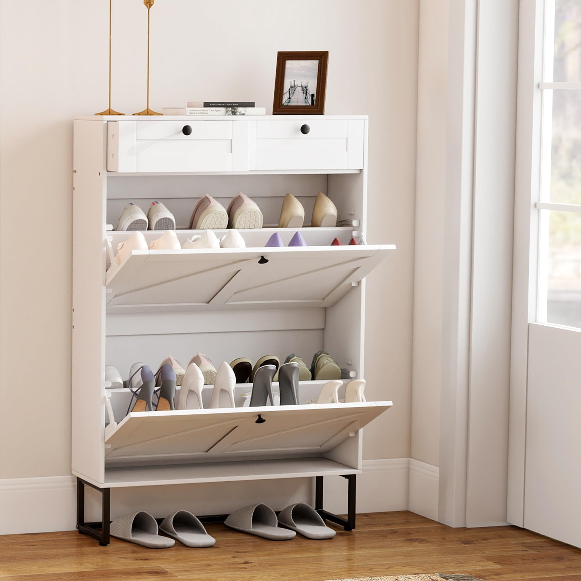 Turosur Shoe Cabinet with 2 Flip Drawers, Shoe Storage Cabinet with 2 drawers, Wooden Narrow Shoe Cabinet For Hallway, Entreway, Living Room 75 * 22 * 111.2cm White