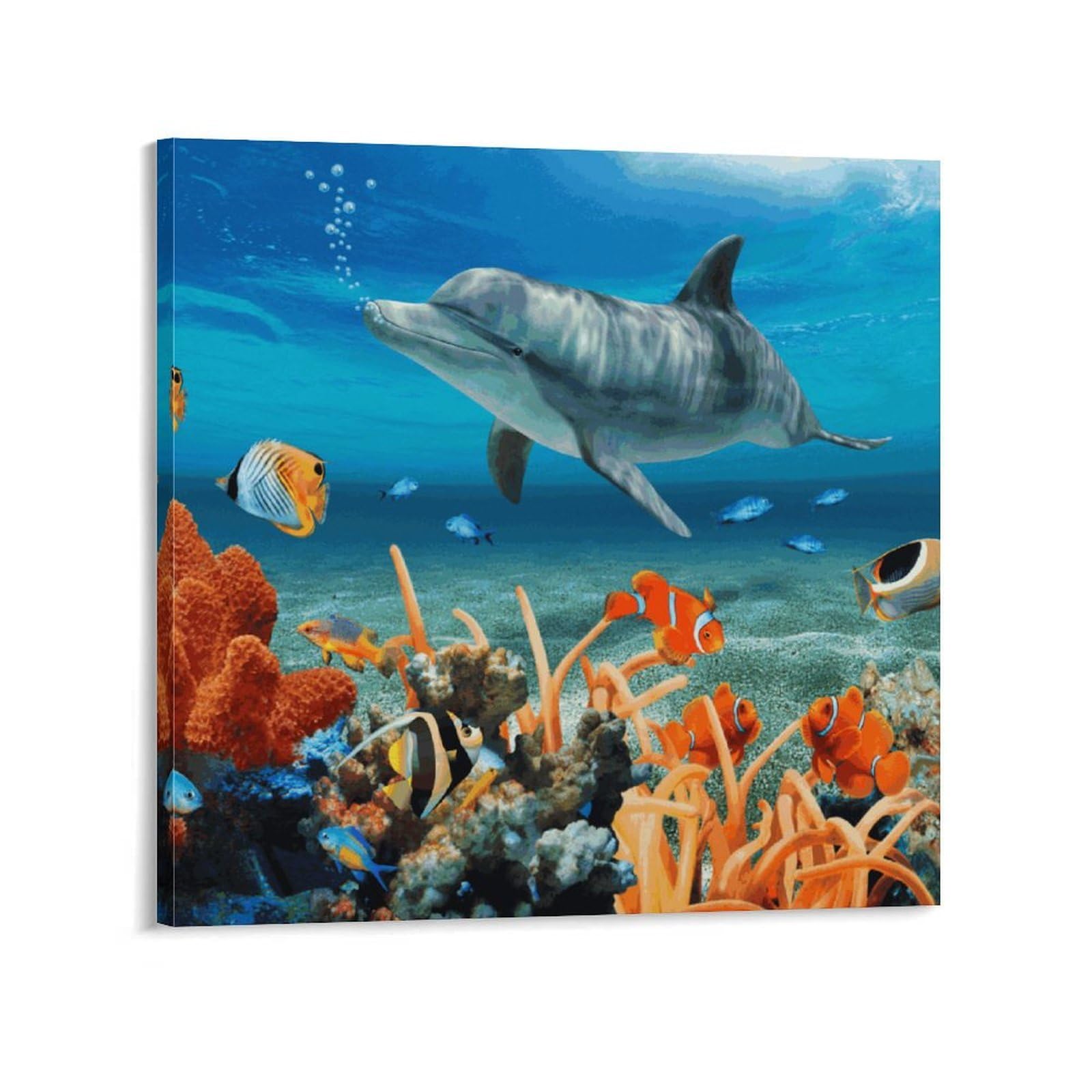 KLOPH Dolphins Blue Canvas Wall Art for Living Room 10x10inch Modern Artwork Painting for Bathroom Hanging Canvas Prints Aesthetic Wallart for Bedroom Kitchen Office Wall Decor