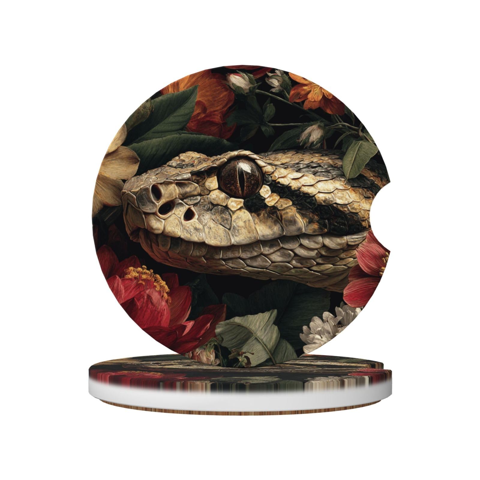 Jungle Snake and Flowers Leaves Ceramic Coasters,2pcs