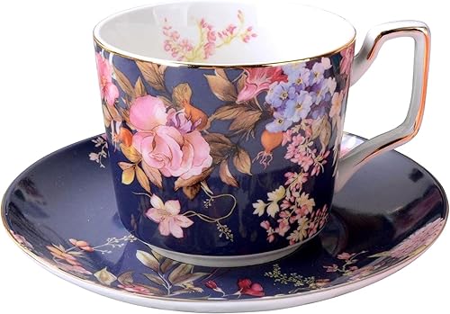 Miniatura 2 de Gracie China Hydrangea - Tazas de porcelana para técafé con platillos, juego de 4 unidades (azul y rosa)