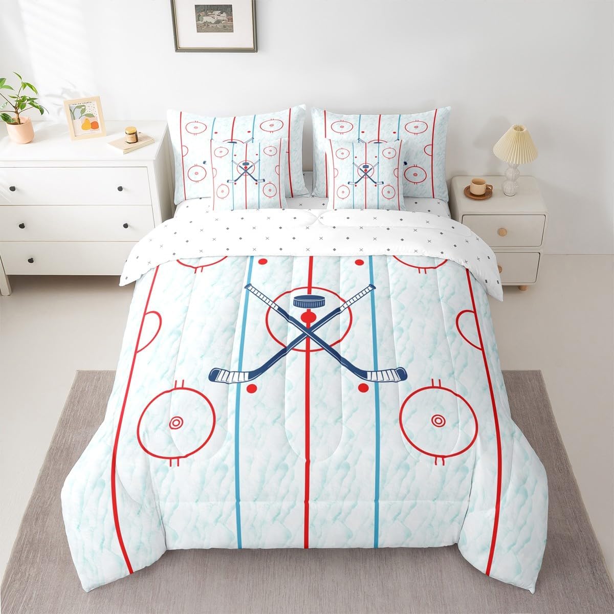 Erosebridal Ice Hockey Bed in A Bag King 7 Pcs Ice Hockey Rink Comforter Set for Women Men Hockey Stadium Rink Bedding Set Winter Sports Game Sheet Set with Comforter Modern Stylish Room Decor