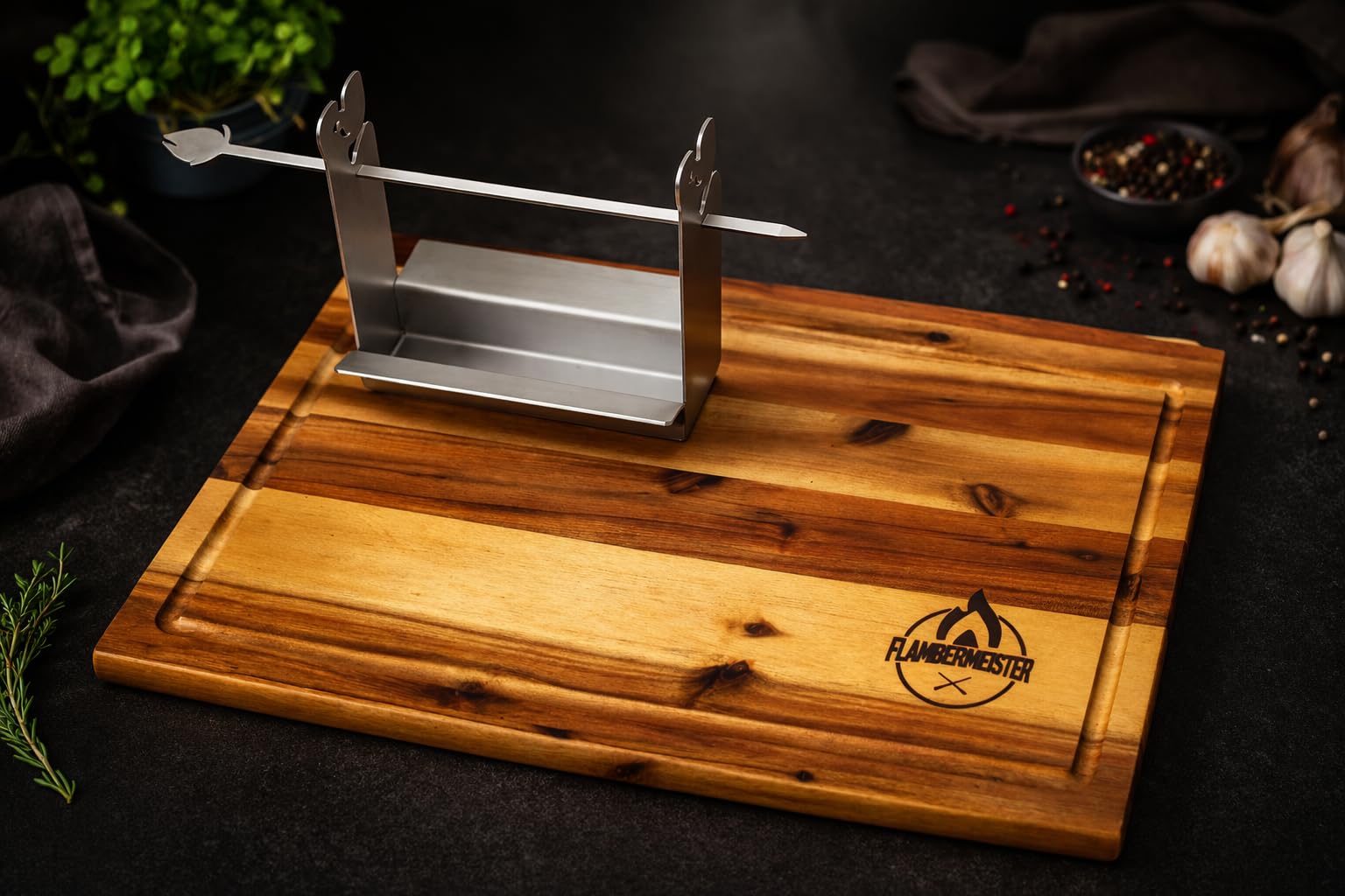 Flambiergrill Tischgrill mit Edelstahlwanne & Akazienholzbrett – Indoor & Outdoor Grill mit Rum – Made in Germany – Geschenkidee für Grillfans, Balkon & Kamin, BBQ, Minigrill