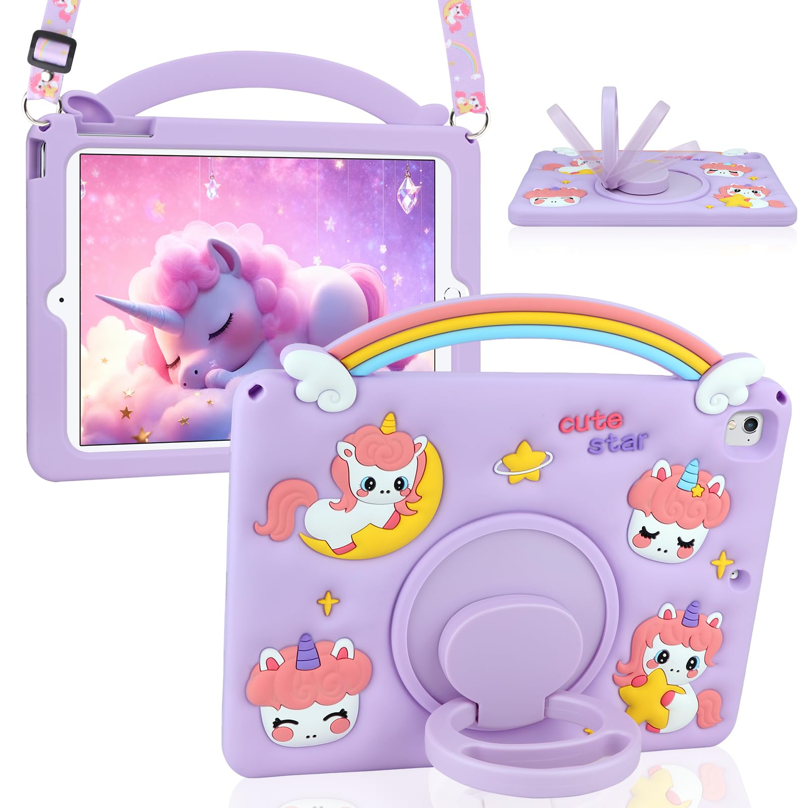 HianDier for iPad 5th/6th Generation Case, for iPad Air 1st/2nd Gen, for iPad Pro 9.7 Inch Case Kids Girls Cute Unicorn with Rainbow Handle Detachable Lanyard Shockproof Protective Cover-Purple
