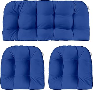 RSH Decor Indoor Outdoor 3 Piece Tufted Wicker Settee Cushions 1 Loveseat & 2 U-Shape Weather Resistant - Choose Color (Cobalt Royal Blue, 2- 19"x19" 1- 41"x19"), 3 Piece Set