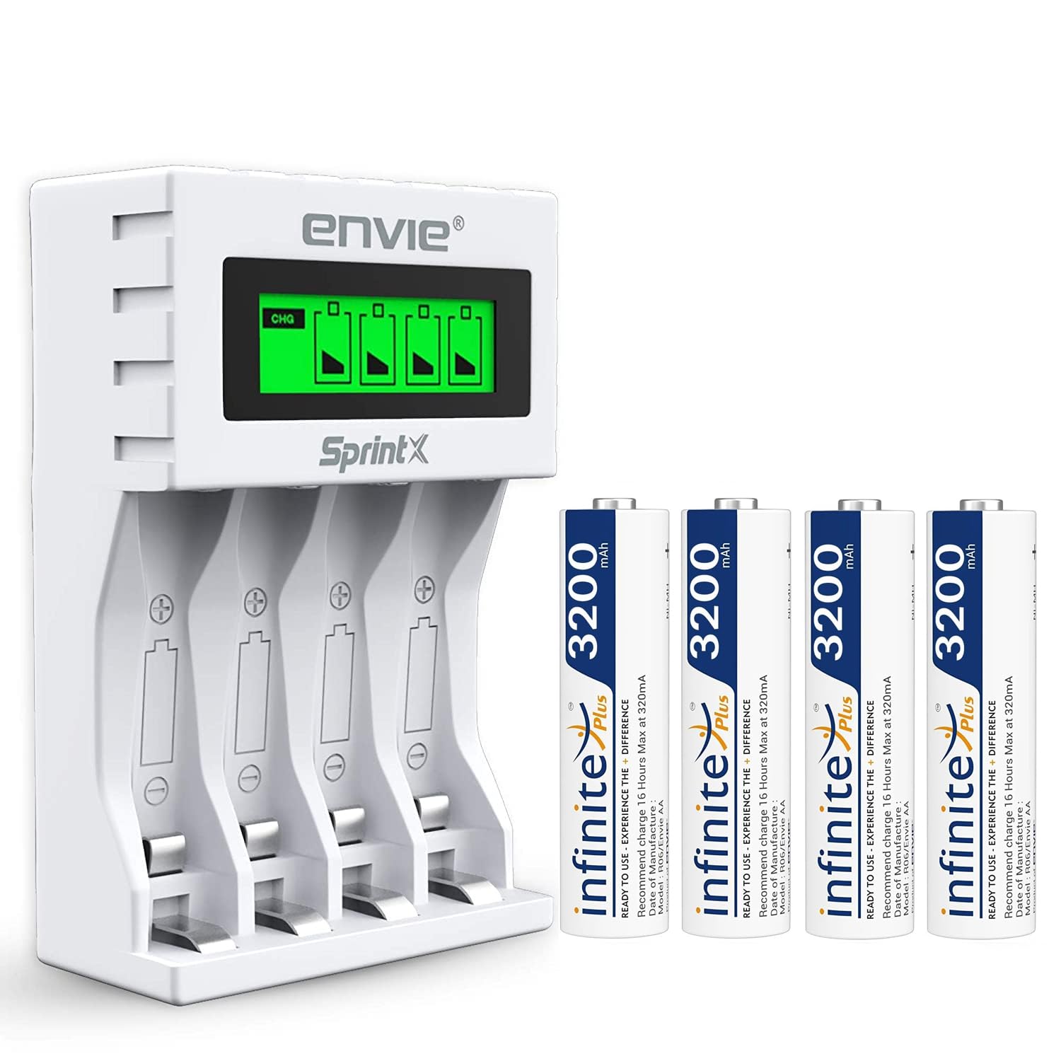 ENVIE® (ECR 11MC+4xAA3200) SprintX Ultra Fast Rechargeable Batteries Charger for AA & AAA Ni-mh, with AA3200 Infinite Plus 4PL Rechargeable Batteries comes with Over Charge Protection